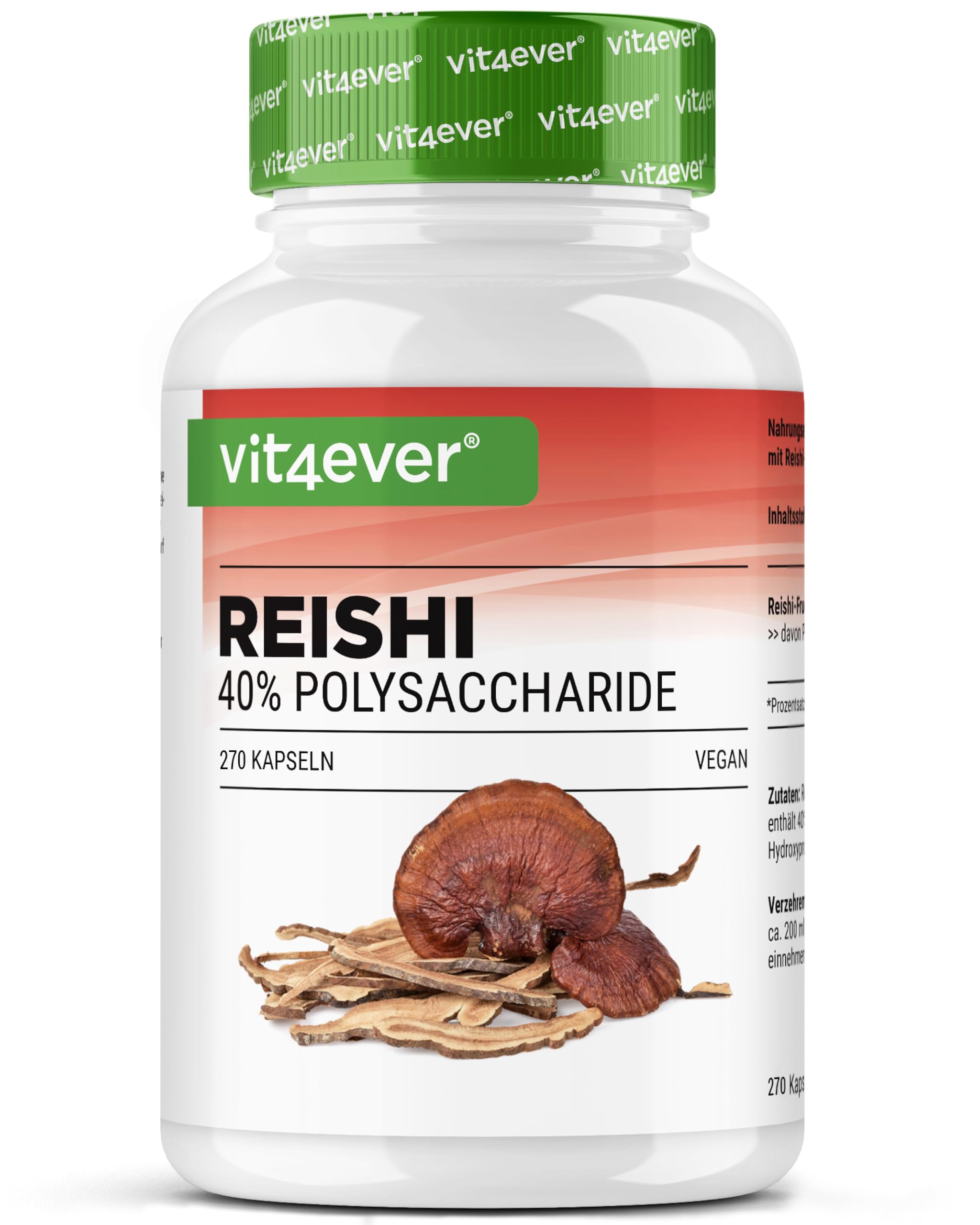 vit4ever Reishi Pilz - 270 vegane Kapseln mit 1300 mg Extrakt pro Tagesdosis - 40 % Polysaccharide - Ganoderma lucidum - hochdosiert, ohne unnötige Zusätze, vegan