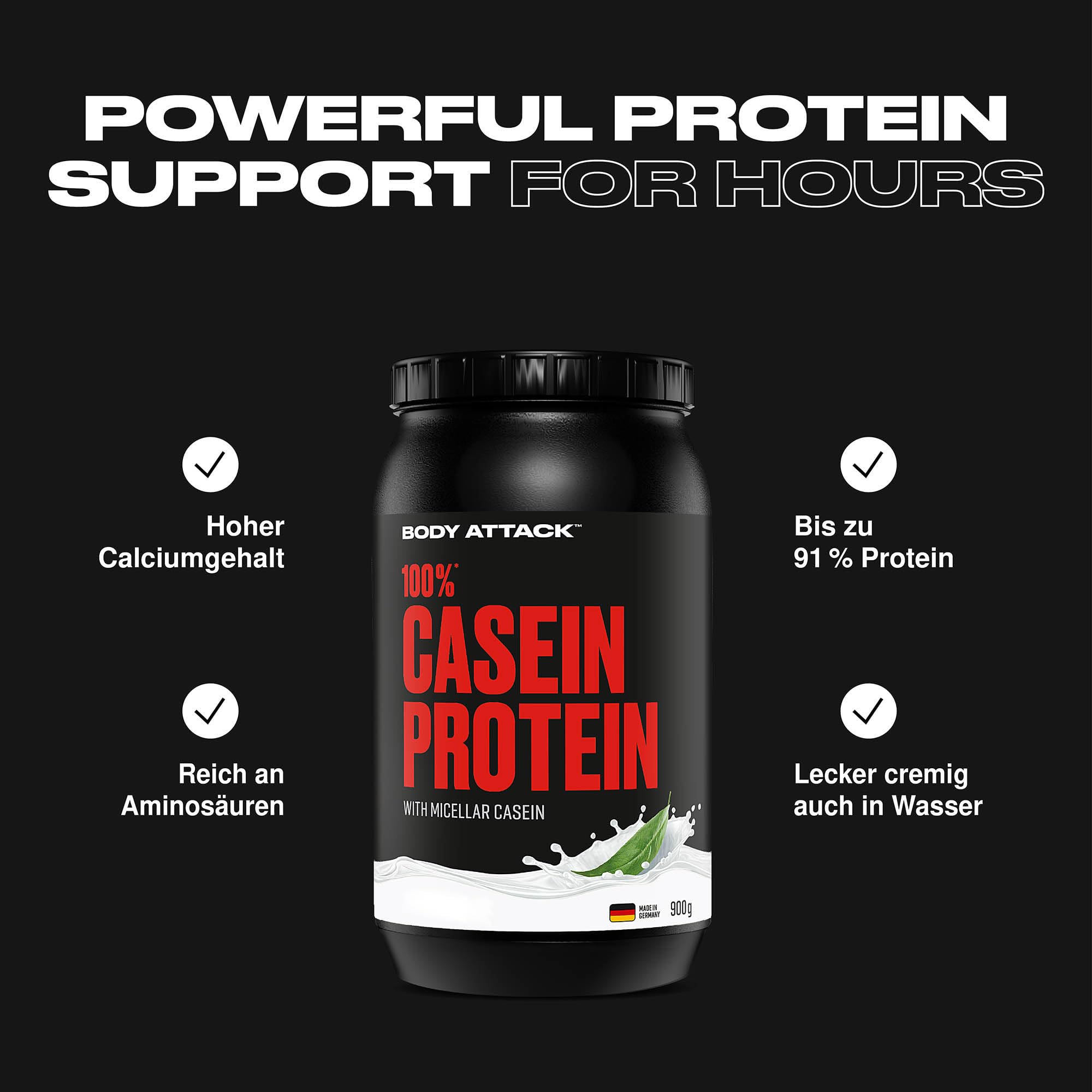 Body Attack 100% Caseine Proteine, Acides aminés-Proteines musculation, Low Carb - Prise de masse -Pour sportifs, athlètes et les personnes soucieuses de leur silhouette-900g protein powder- fraise