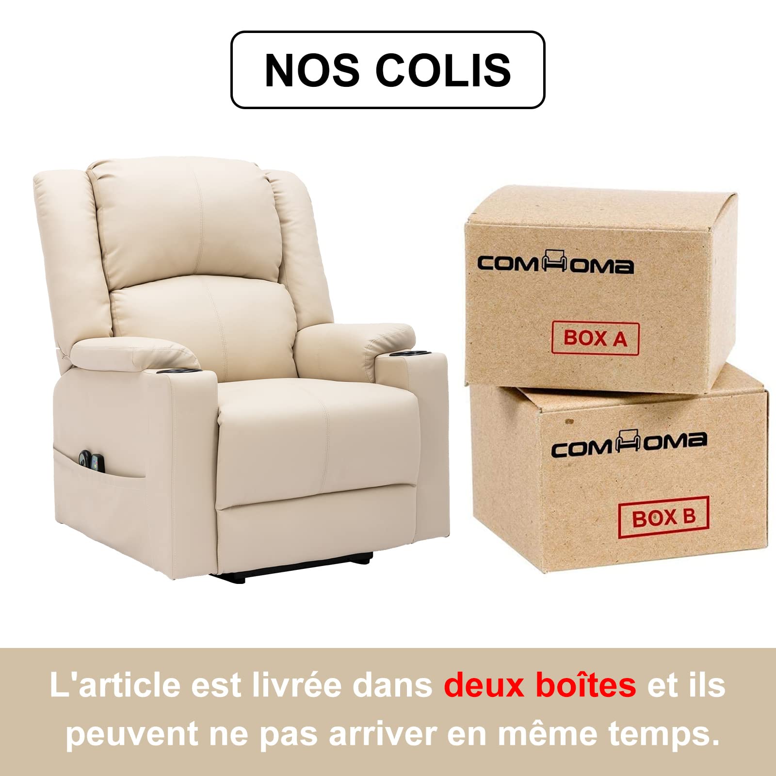 COMHOMA Fauteuil Électrique Relax Massage et Relaxation Aide à Debout - Dossier Réglable, Pédales Rétractables, 2 Porte-gobelets - Beige/Blanc pour Personnes Âgées