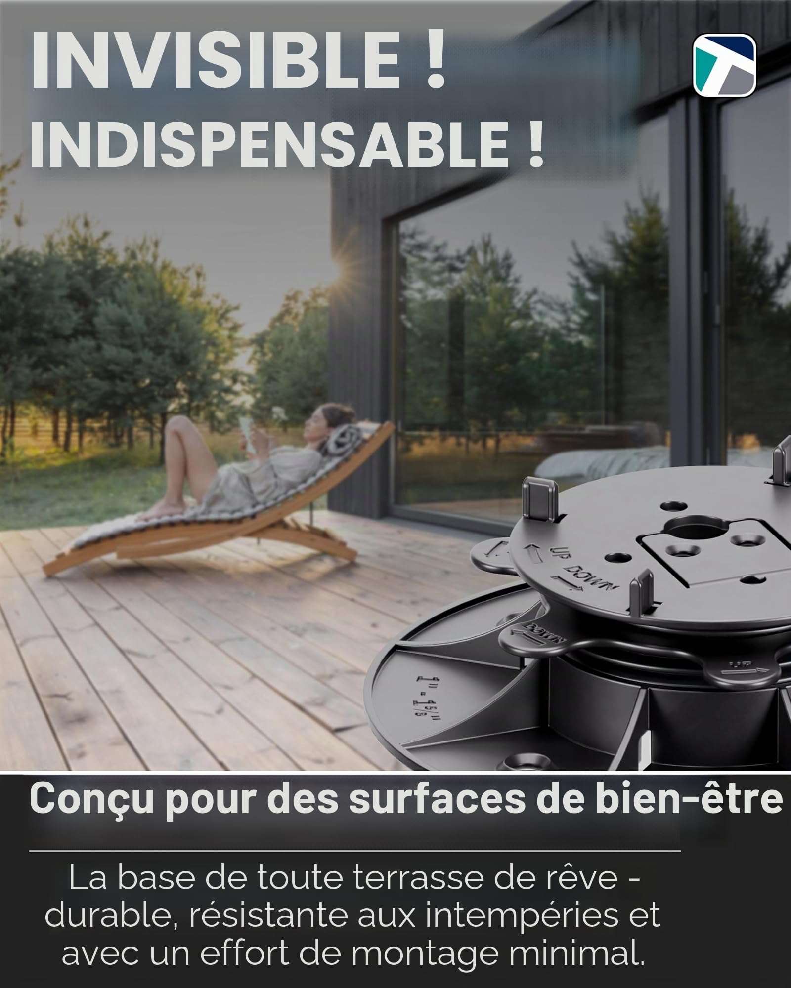 Trevendo CLEVER LINE Lot de 25 plots (25-40 mm), réglables en hauteur, pour plaques de pierre, planches en WPC et en bois, capacité de charge jusqu'à 500 kg, avec croix de joint et adaptateur en L