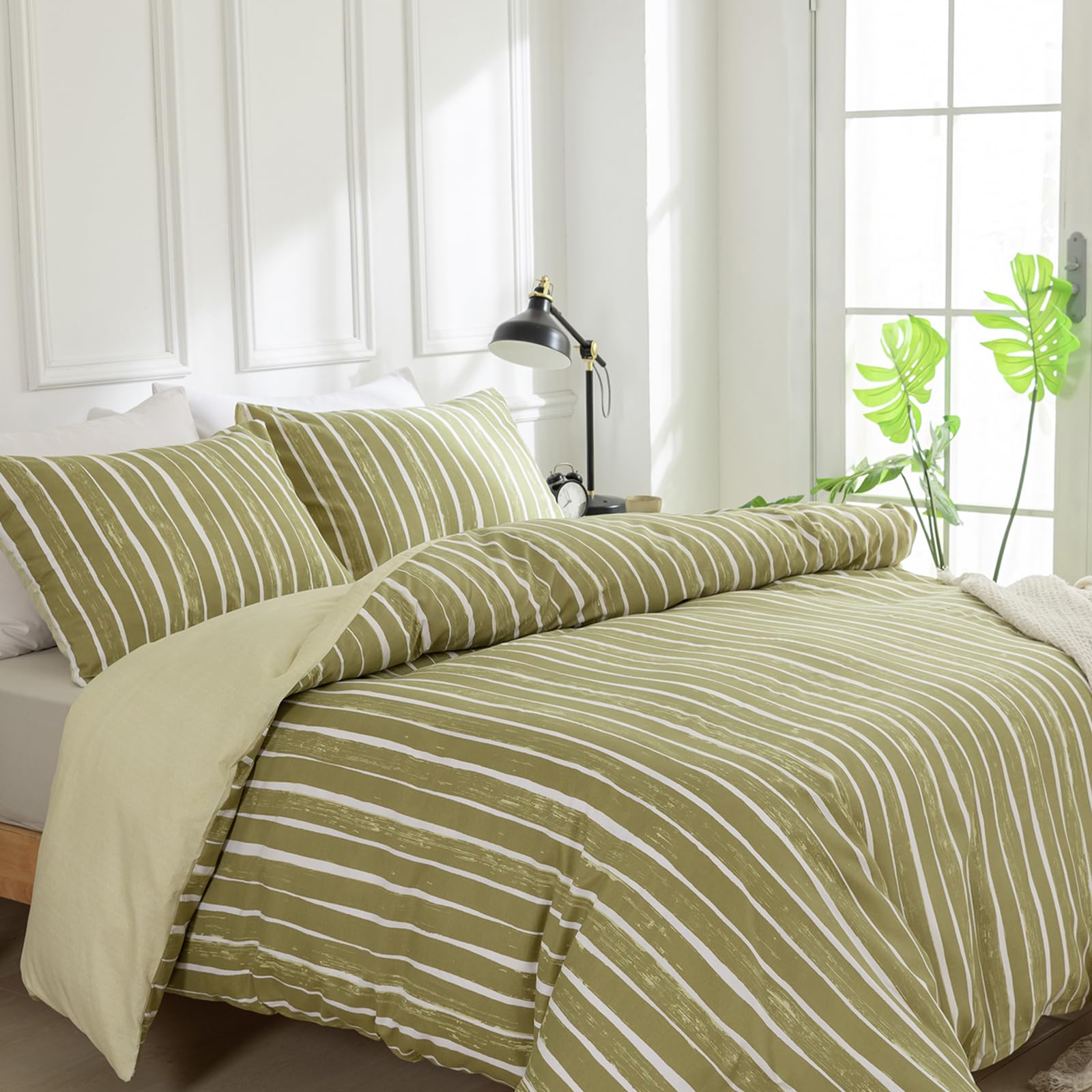 TTCM Double Duvet Set, White and Coffee Stripe Double Duvet Cover Set Soft Microfibre Polyester Bedding Set, 3 Pieces