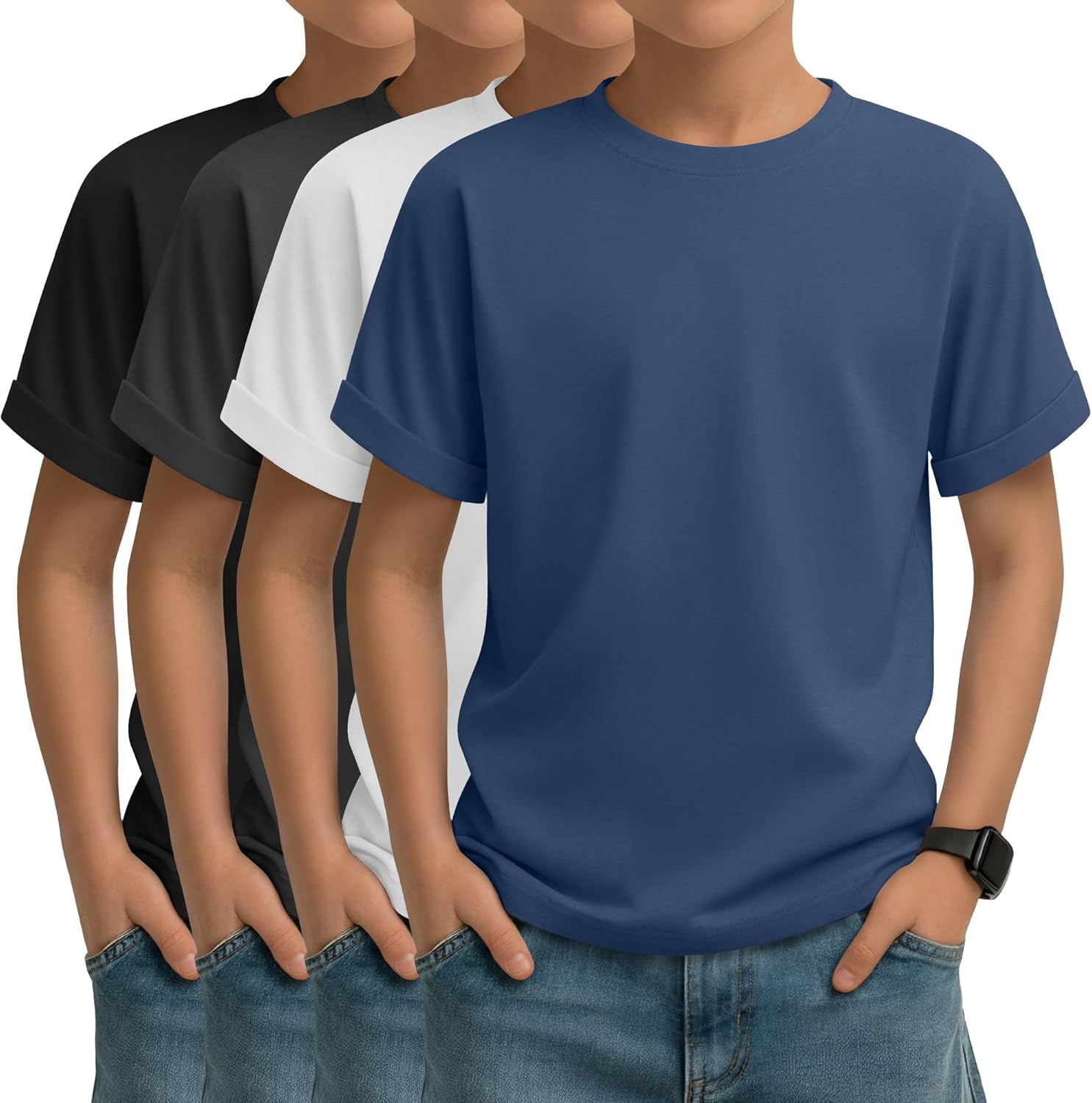 4 Pack Boys Short Sleeve Shirts Crewneck Kids Loose Fit Basic Casual Youth Soft Solid Plain Tees
