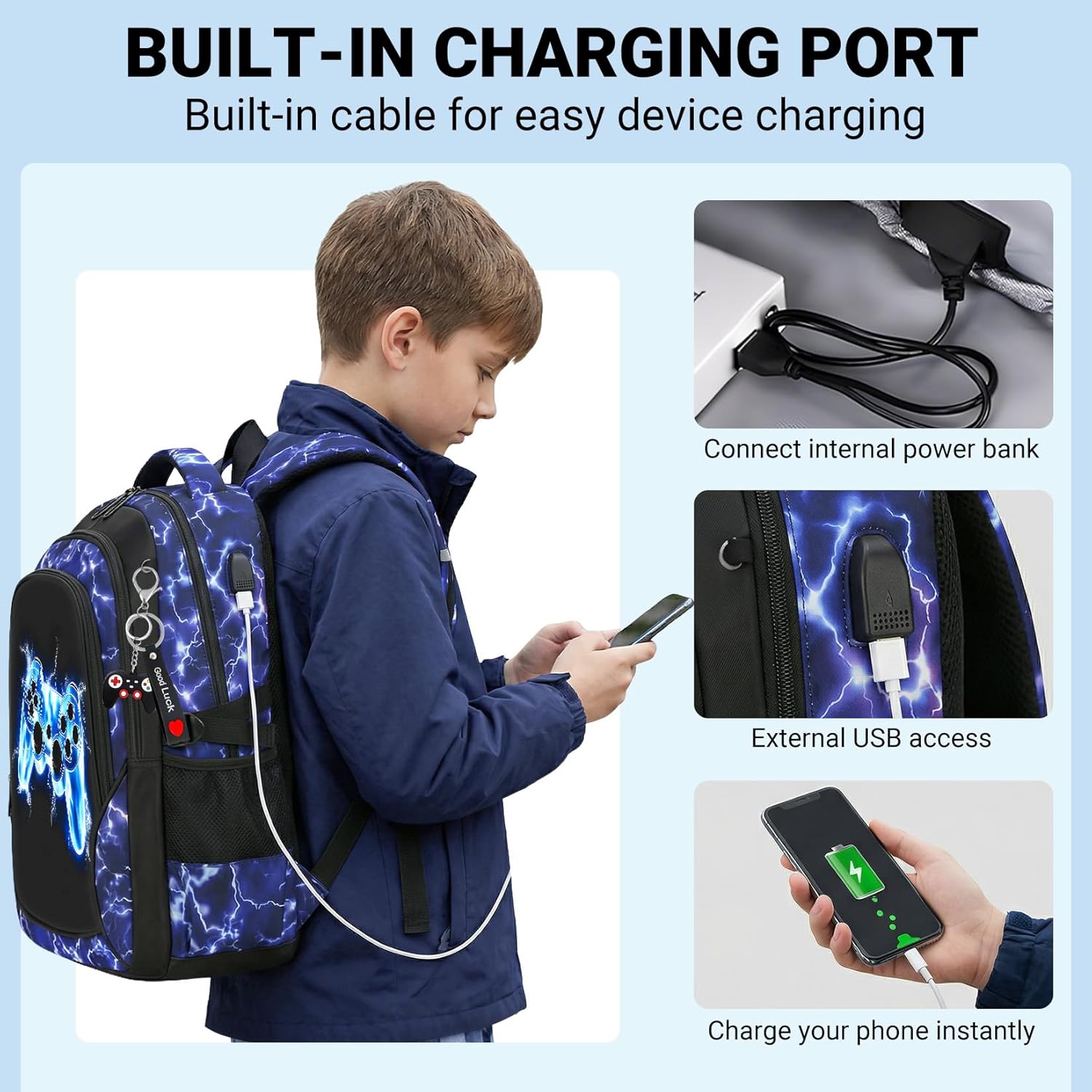 School Backpack for Boys - 4pcs Gamer Boys Backpack with Lunch Box Set for Kids Teens Elementary Middle School, 18" Large Capacity Waterproof Bookbag with Usb Charging Port, Daypack for age 6-18