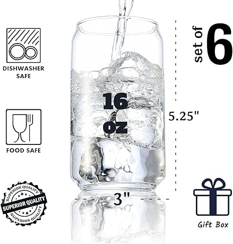 Miniatura 3 de BENETI Juego de 6 vasos de cerveza modernos con forma de lata, fabricados en Europa, juego de cristalería de cocina para cerveza, agua o jugo de 16