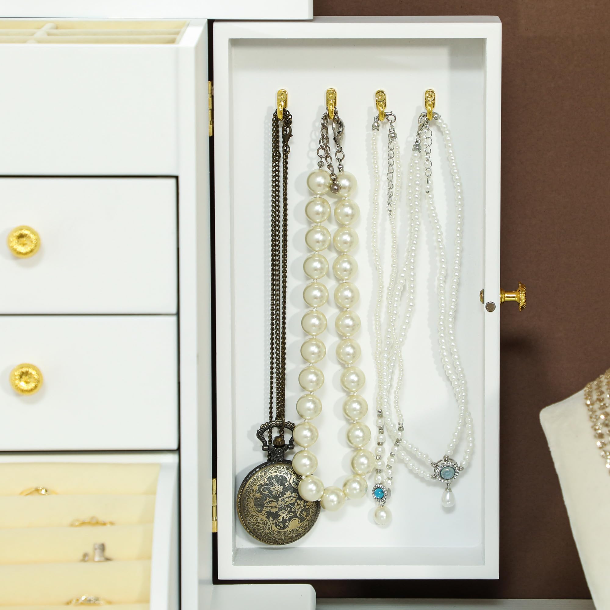 HOMCOM Caja Joyero de Madera de 4 Niveles con 2 Cajones Espejo Blanco | Joyero Mujer Organizador Grande, Puertas Laterales Giratorias con Ganchos, para Pendientes, Anillos, Collares