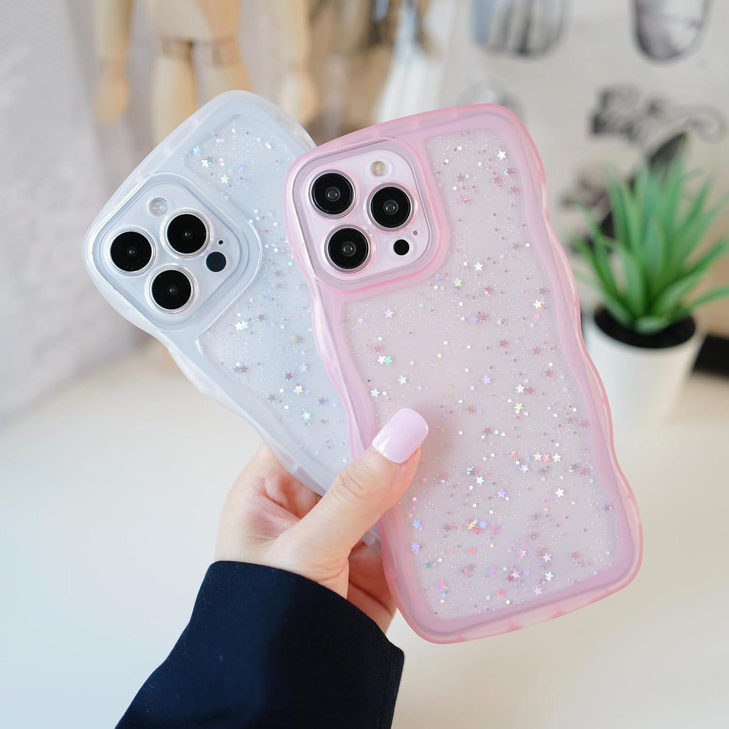 Compatible with iPhone 15 Pro,Cute Kawaii Bling Sparkle Glitter Frame Shape Soft Silicone Shockproof Protective Phone Case Cover for Women Girls Blue - Image 4