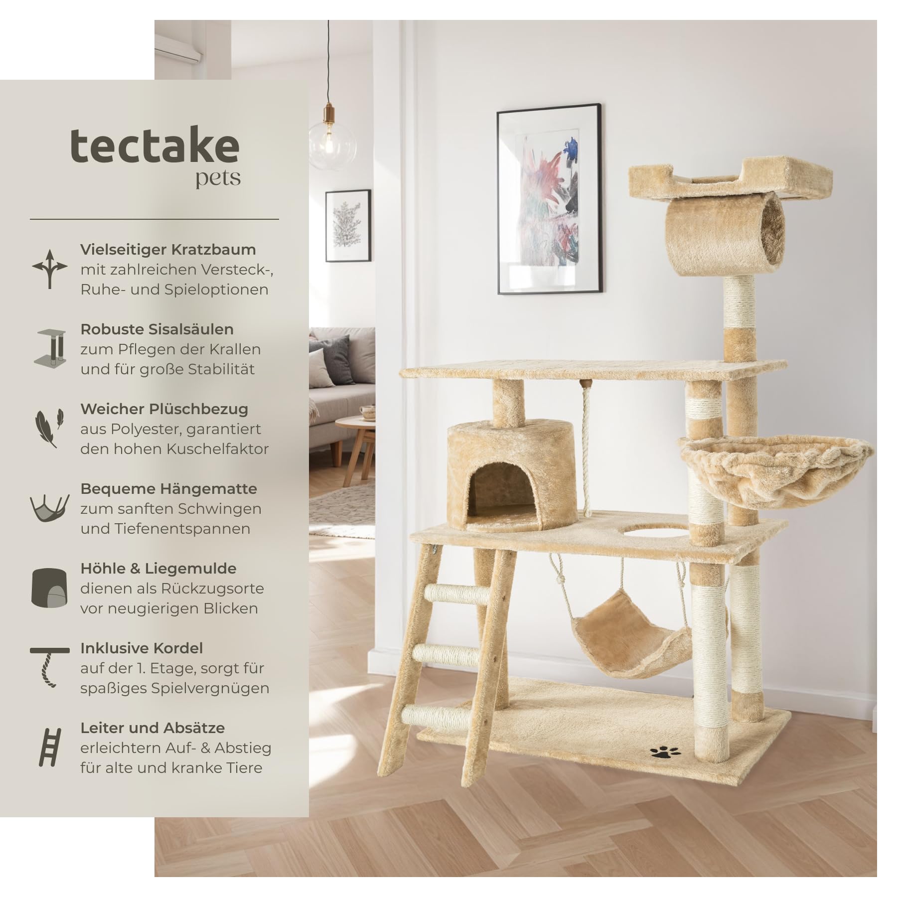 tectake Katzen Kratzbaum, Katzenbaum, Kletterbaum, 141cm hoch, Katzenhaus Indoor mit Hängematte, Höhle, Spielseil und Treppe, Plüsch Sisal, Katzen Kratzmöbel mit Spielzeug, extra breit - beige