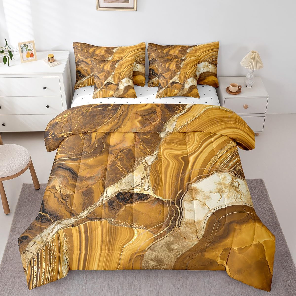 Erosebridal Black Grey Marble 7 Pcs Comforter Set Queen, Purple Marbling Crack Print Bedding for Women, Abstract Metallic Texture Sheet Set Bed in A Bag, Gray Boho Hippie Fluid Reversible Black Quilt