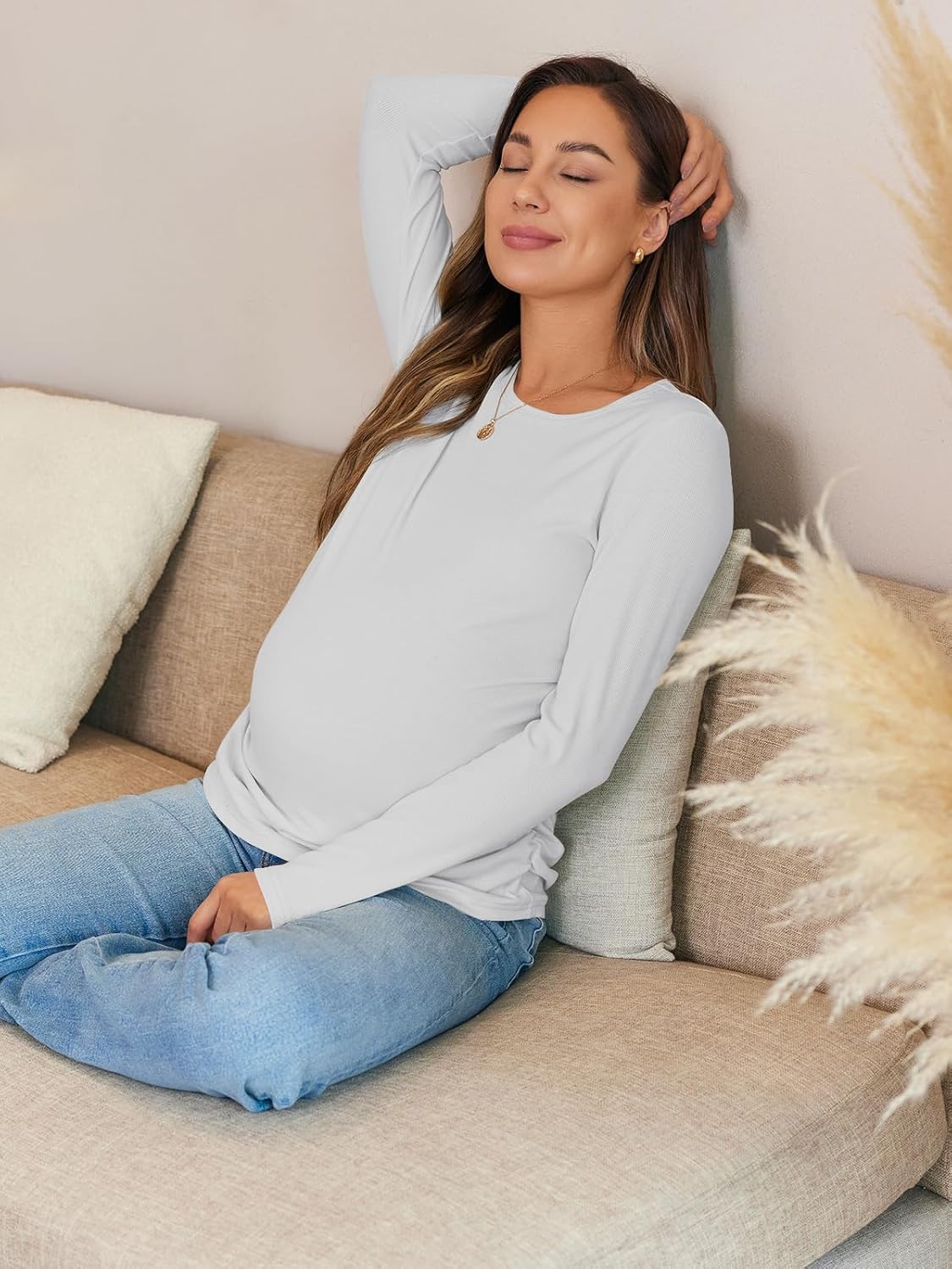 Women's Maternity Fall Tops Long Sleeve Crew Neck Ribbed Knit Slim Fitted Blouse Side Ruched Pregnancy Shirts - Image 5