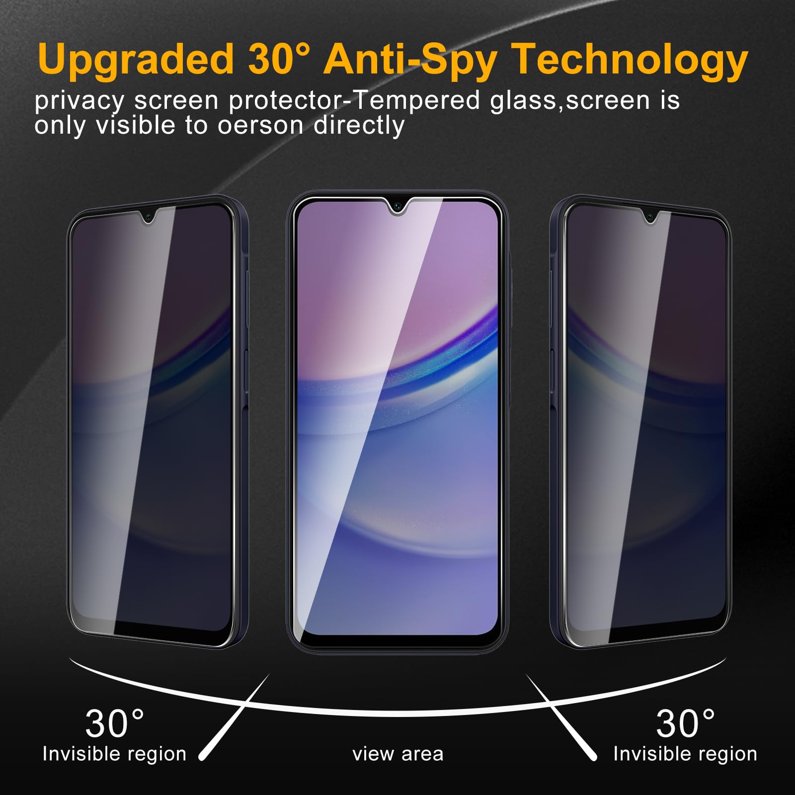 Paquete de 3 protectores de pantalla de privacidad para Samsung Galaxy A15, vidrio templado antiespía, dureza 9H, protector negro antiespía, sin burbujas, antiarañazos
