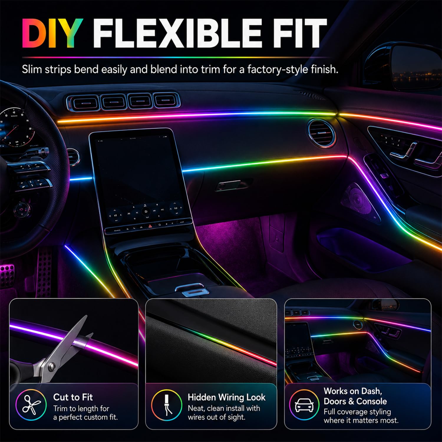 Illuminazione Interna a LED per Auto, 6 m/18 in 1 RGB, 12 V, Atmosfera LED Con App + Controllo Remoto, Laser Multicolore
