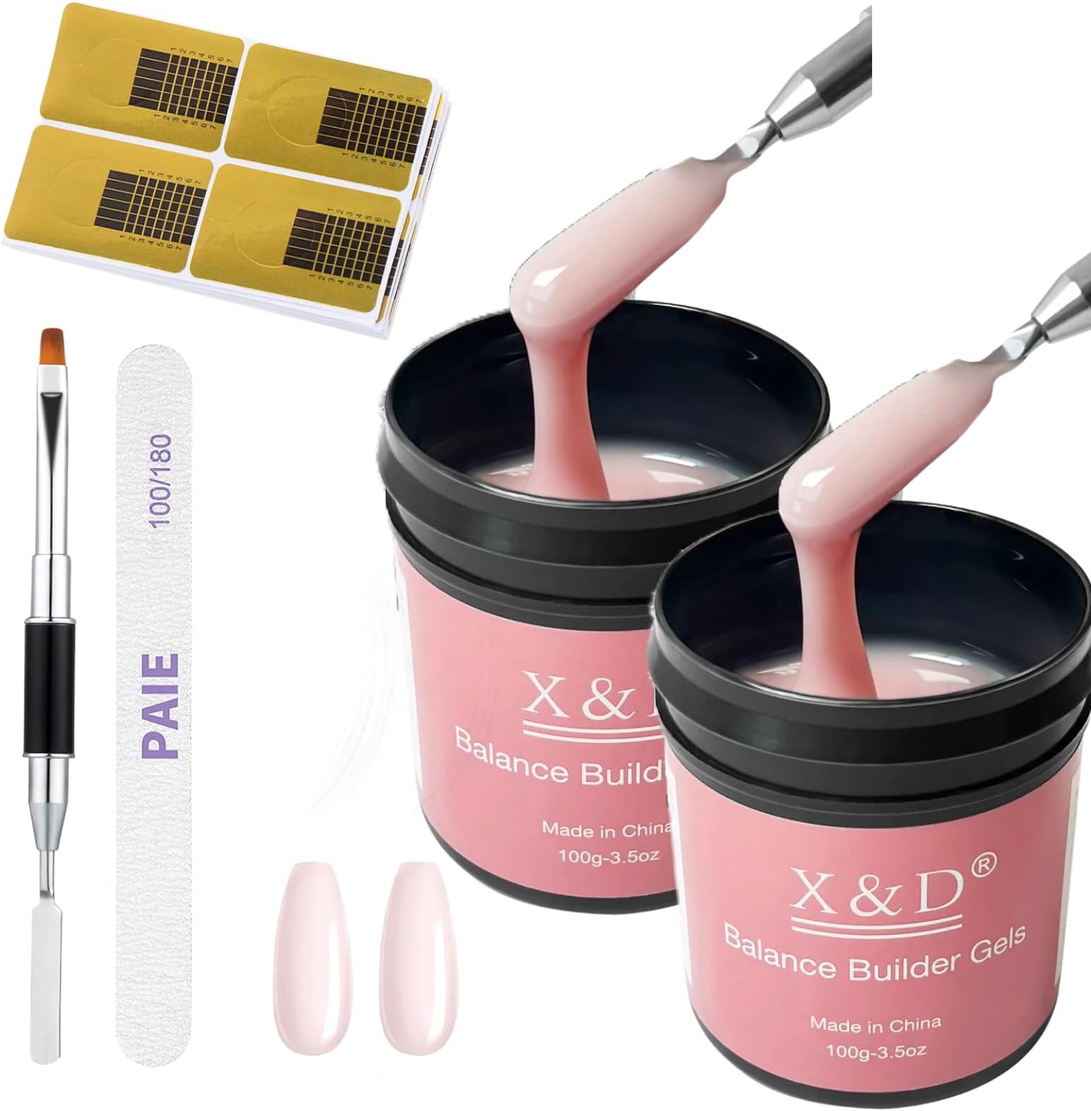 X&D Gel Nail Polish Kit UV Polygel 2 Bottles Quick Dry 100g Natural Clear Color Nail Extension with Nail Forms, Nail File, Acrylic Nail Sable Brush (2PCS Nude Pink)