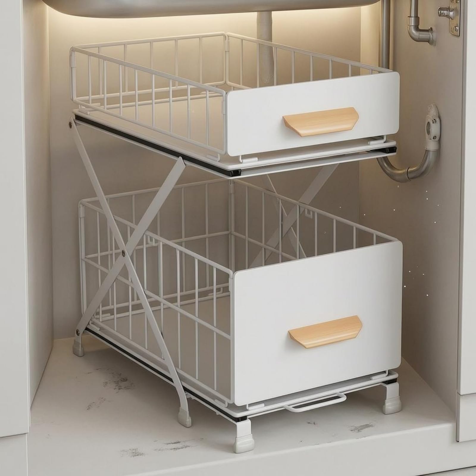Organizador Fregadero 2 Niveles Ajustable Estante bajo Fregadero Bandeja Extraible Organizador Extraíble, Estante De Fregadero De Doble Capa Elevable, Blanco, 40 Cm De Largo