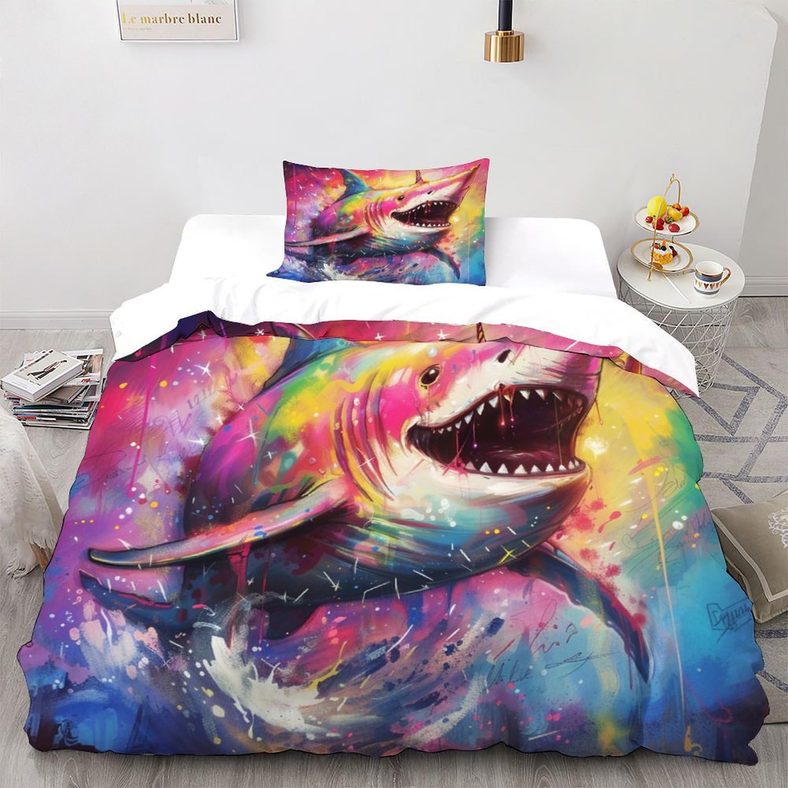 Housse de couette requin 135x200 anti-décoloration avec taie d'oreiller pour lit 1 place