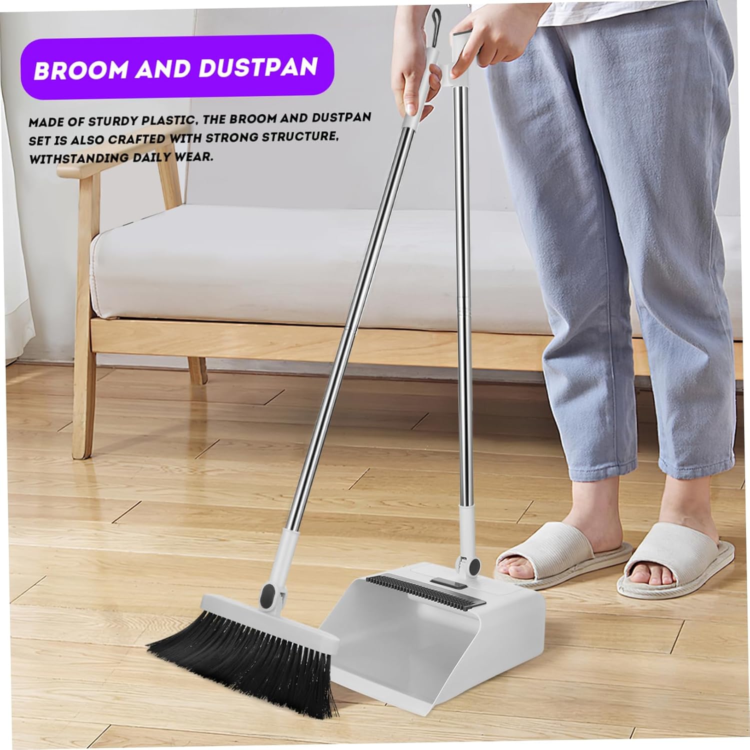 IMIKEYA Broom Dustpan Set with Retractable Teeth Capacity Foldable Dustpan Dense Soft Bristles for Indoor Outdoor Sweeping and Hair Debris Cleaning