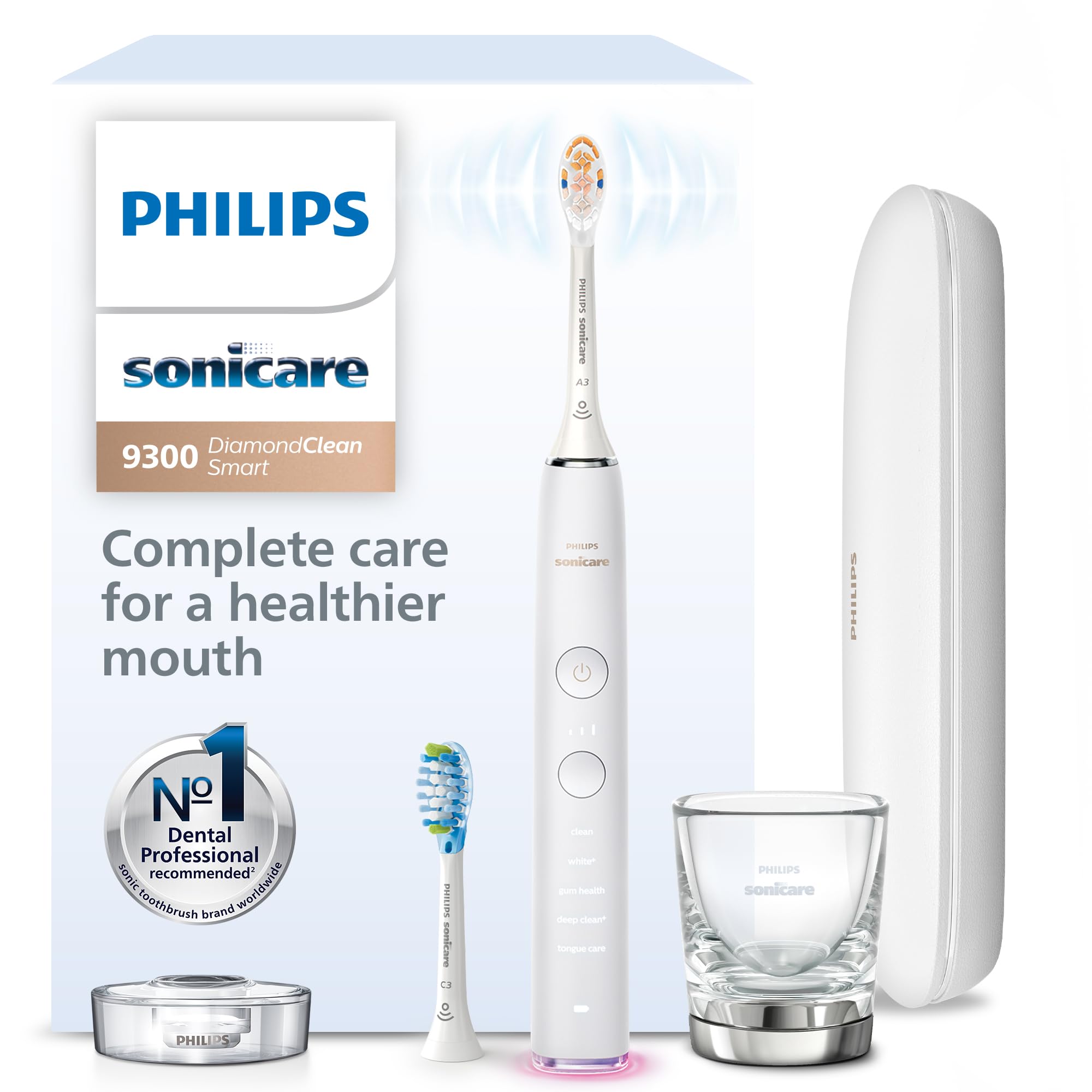 Photo 1 of Philips Sonicare DiamondClean Smart 9300 Electric Toothbrush - Sonic Toothbrush with App, Pressure Sensor, 12 Brushing Settings, Replacement Reminder, Travel Case, White, Model HX9903/05