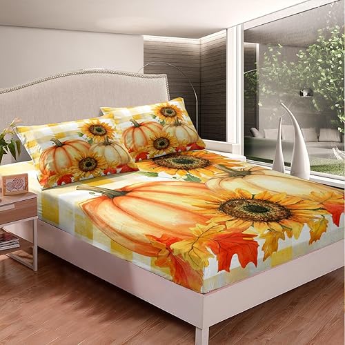 Erosebridal Sábana bajera ajustable de otoño de Acción de Gracias, diseño de calabaza, girasol, otoño, tamaño individual, rústico, a cuadros, juego
