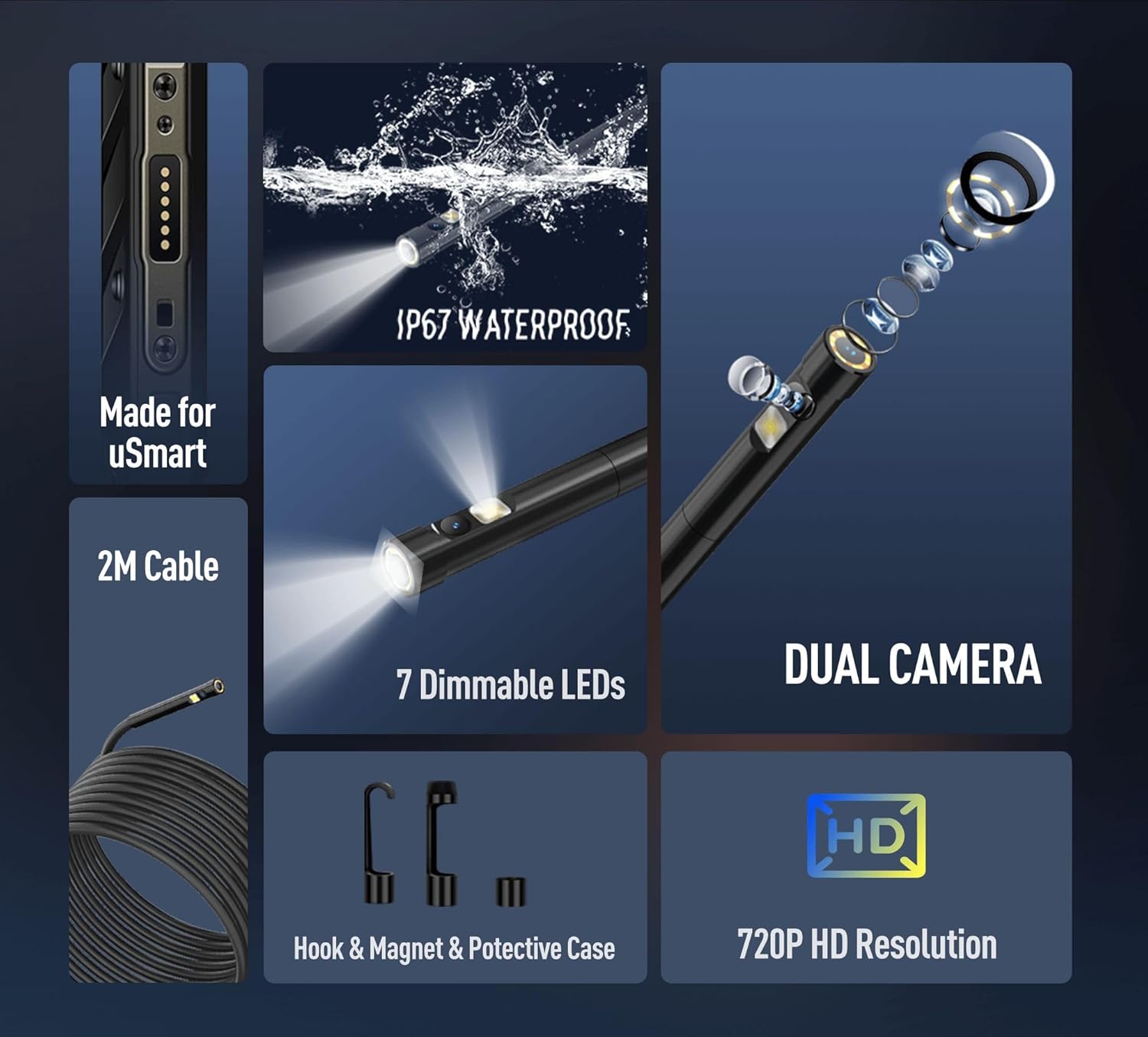 Diagram showing key features of the Ulefone Armor uSmart E02 Endoscope: IP67 Waterproof, 2M Cable, 7 Dimmable LEDs, Dual Camera, 720P HD Resolution, Hook & Magnet & Protective Case, Made for uSmart.