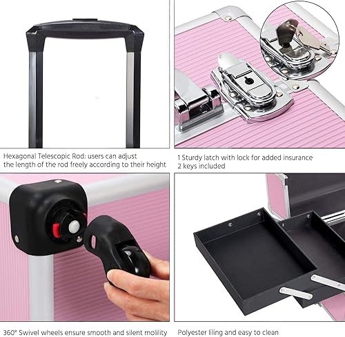 Miniatura 8 de Topeakmart Estuche rodante de maquillaje profesional 4 en 1, estuche grande de aluminio para cosméticos, estuche de maquillaje para viaje,