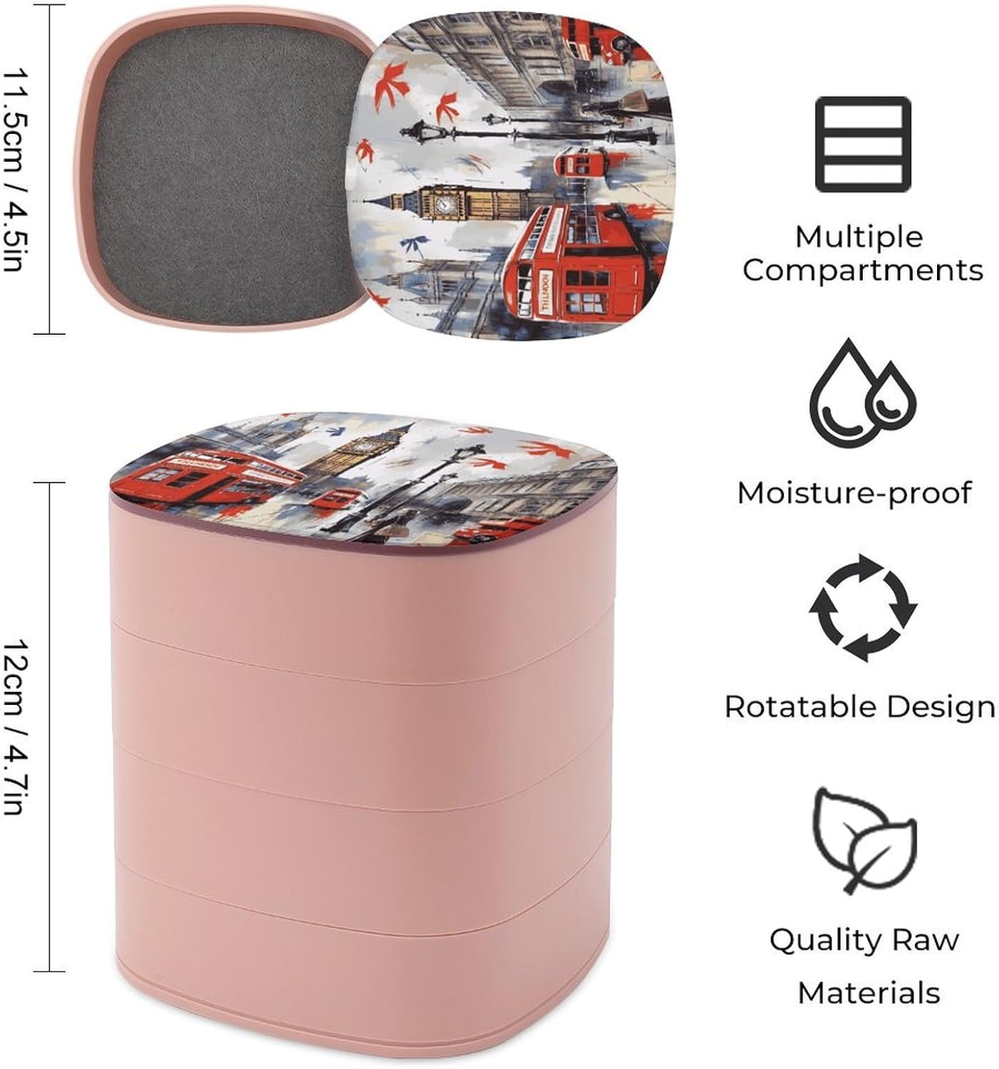 London Jewelry Box 360° Rotatable Jewelry Organizer 4 Layers Jewelry Case with Lid Fashion Portable Earring Holder for Bracelets Rings Bracelets Vanity image 2