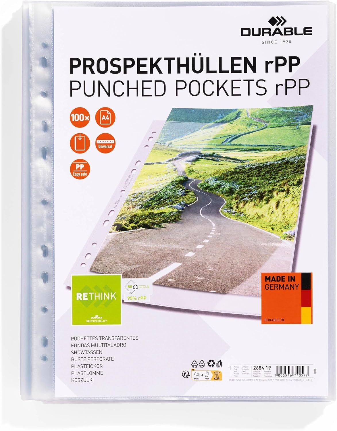 Durable Wytrzymałe kieszenie na broszury A4 w jakości premium, wykonane z PP pochodzącego z recyklingu, 100 sztuk, otwarta góra, 268419