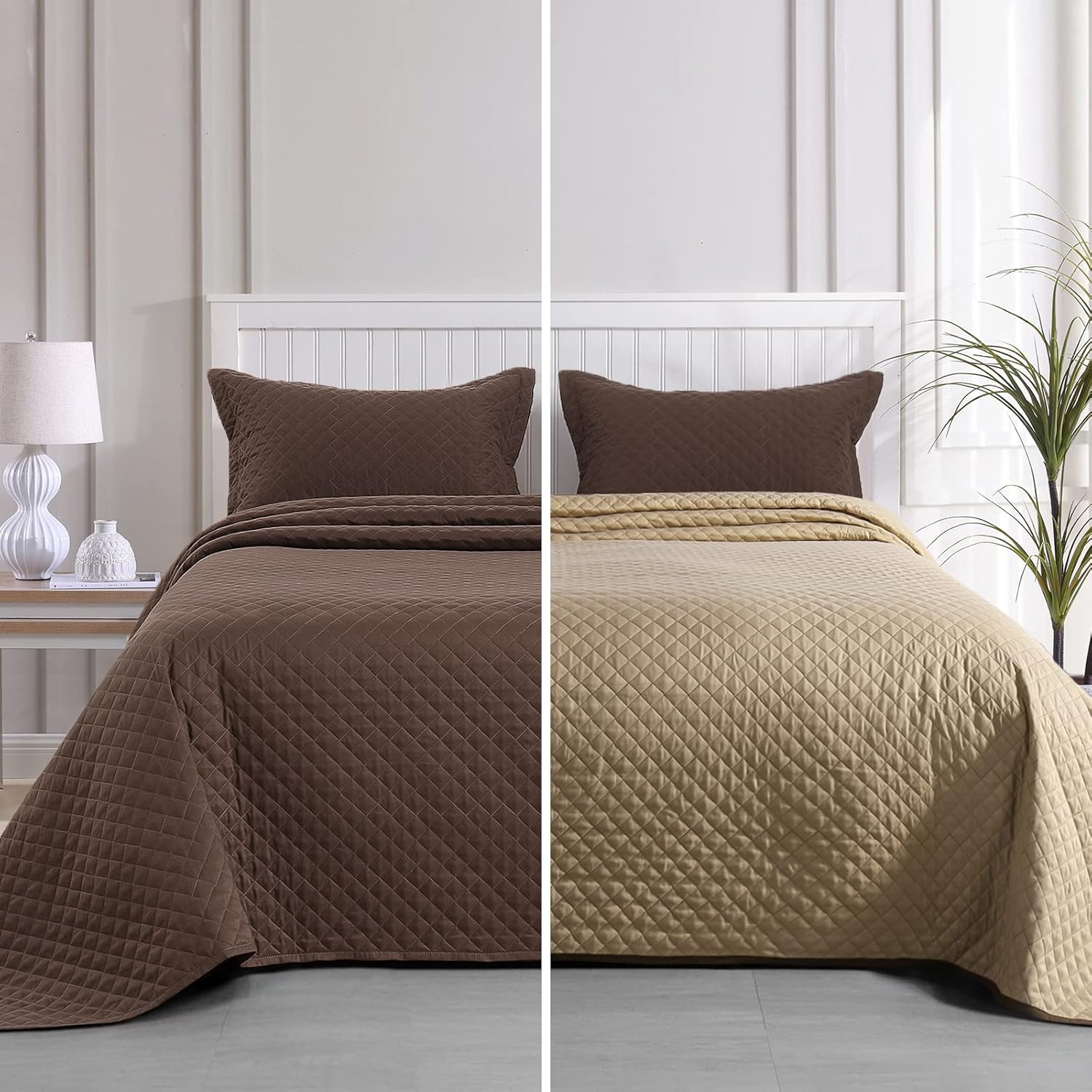 HOMBYS 3 Piece Oversized King Quilt Set Bedspread 128x120 Reversible Lightweight Coverlet Summer Comforter Set (Super King Plus(128x120), Beige Brown) Super King Plus(128x120) Beige Brown