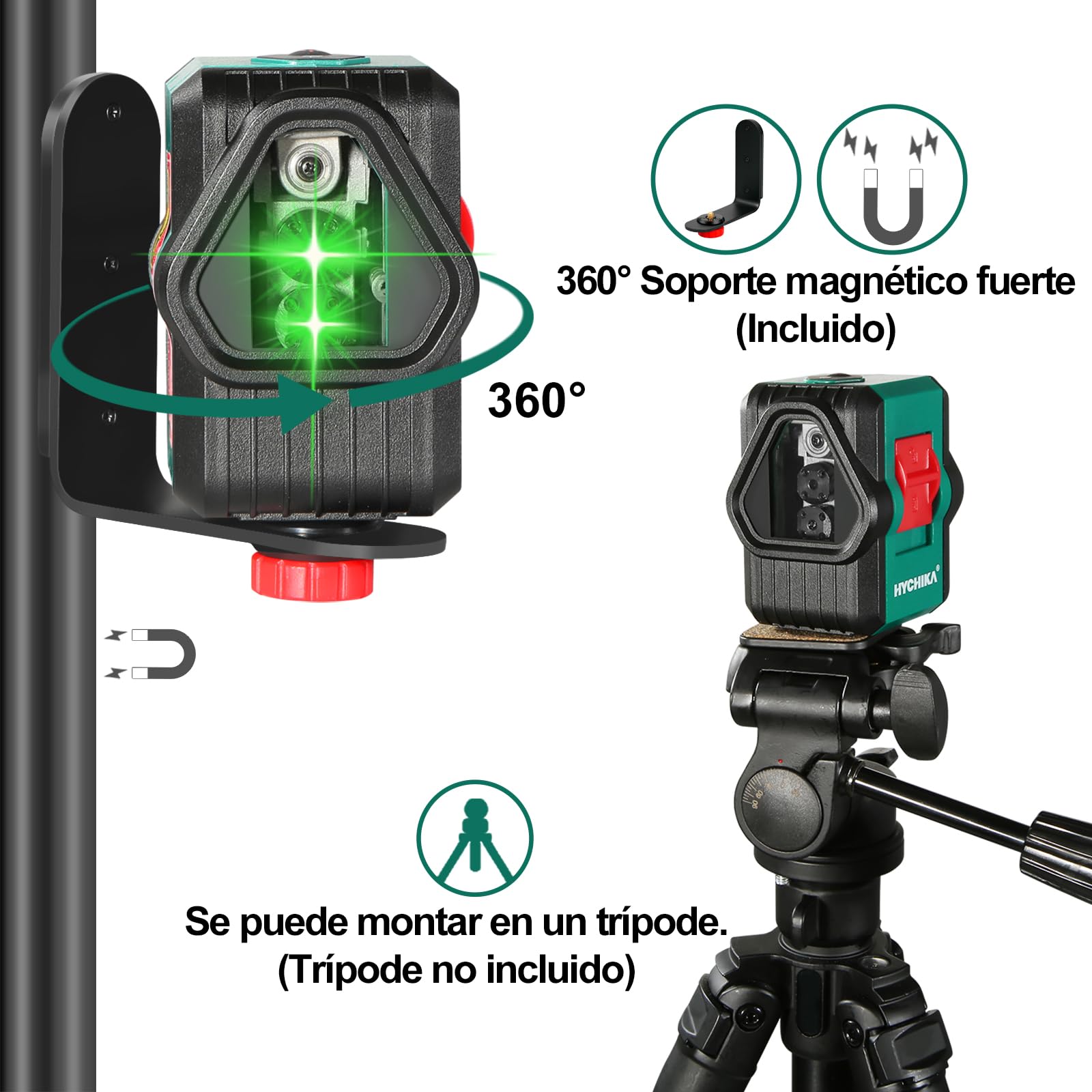 HYCHIKA Nivel Láser Verde 45M, USB Carga, Láser Autonivelante, IP54 en Exteriores, 2 Láser Módulo Línea Cruzado Vertical/Horizontal, Soporte Magnético, 360°Rotante