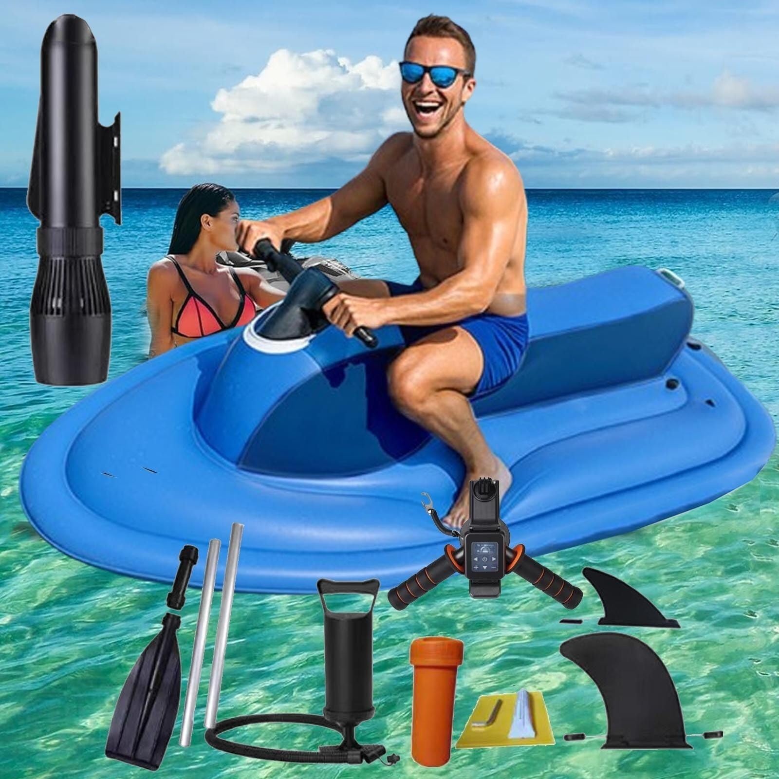 Flotador Inflable motorizado for Piscina, Moto acuática, Barco eléctrico Plegable con Scooter Submarino Desmontable de 500 W, Barco de PVC de Doble Aleta
