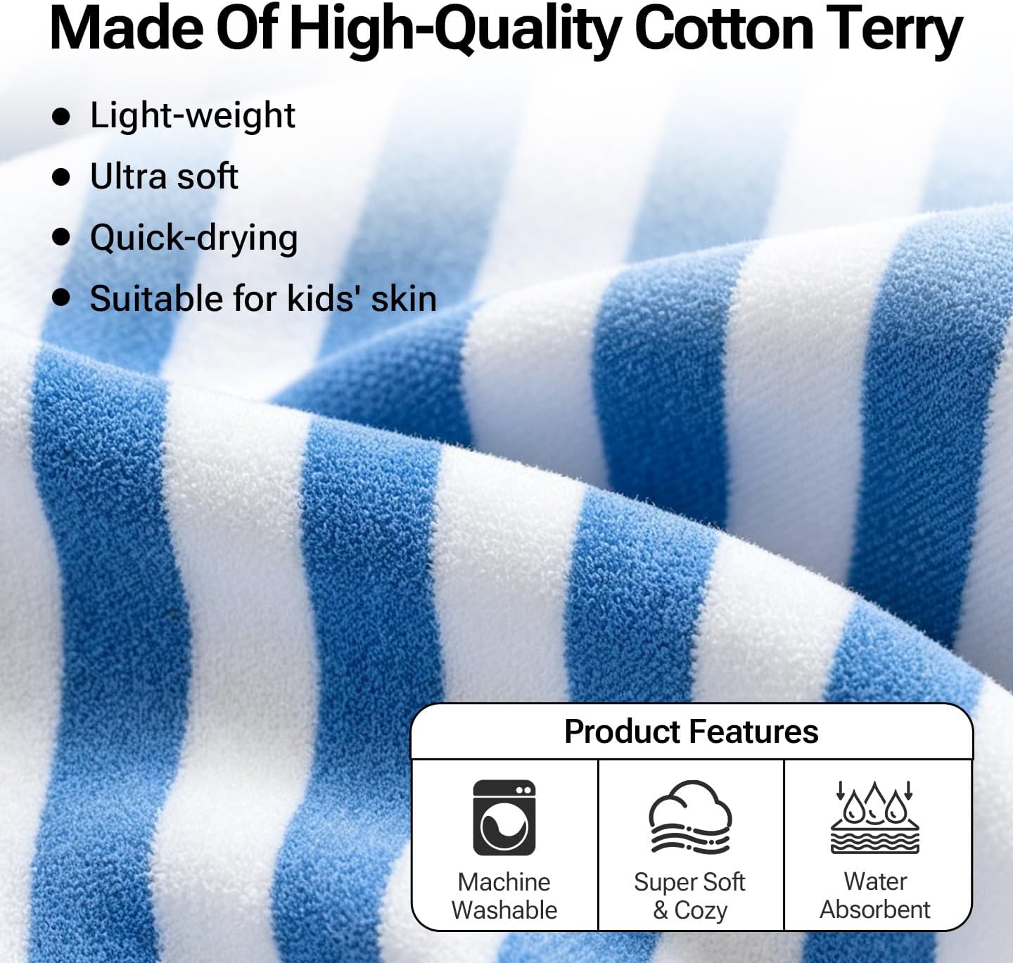 Striped Bath Beach Poncho Towel with Hood for Kids Boys and Girls for Shower, Pool, Swim,Beach, Super Soft 100% Cotton Towel (Blue)