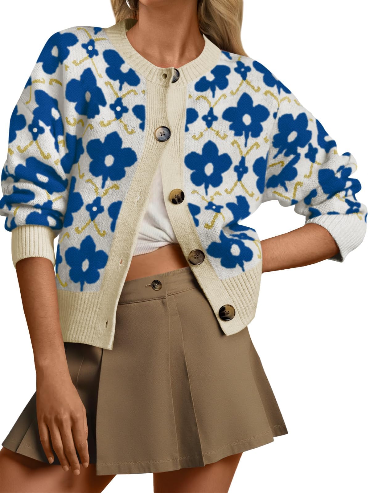 ebossy Womens 2025 Jacquard Knit Sweaters Fall Long Sleeve Button Down Floral Print Cropped Cardigans Fall Outwear Coats