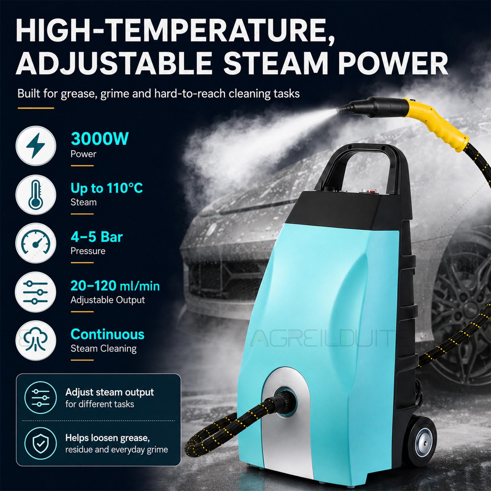 Pulitore a Vapore, 3000W, 4-5 Bar, Detailing Auto Blue | 3000W, vapore regolabile, tubo 2,5m | Auto, ruote, bocchette | Vapore forte per il detailing