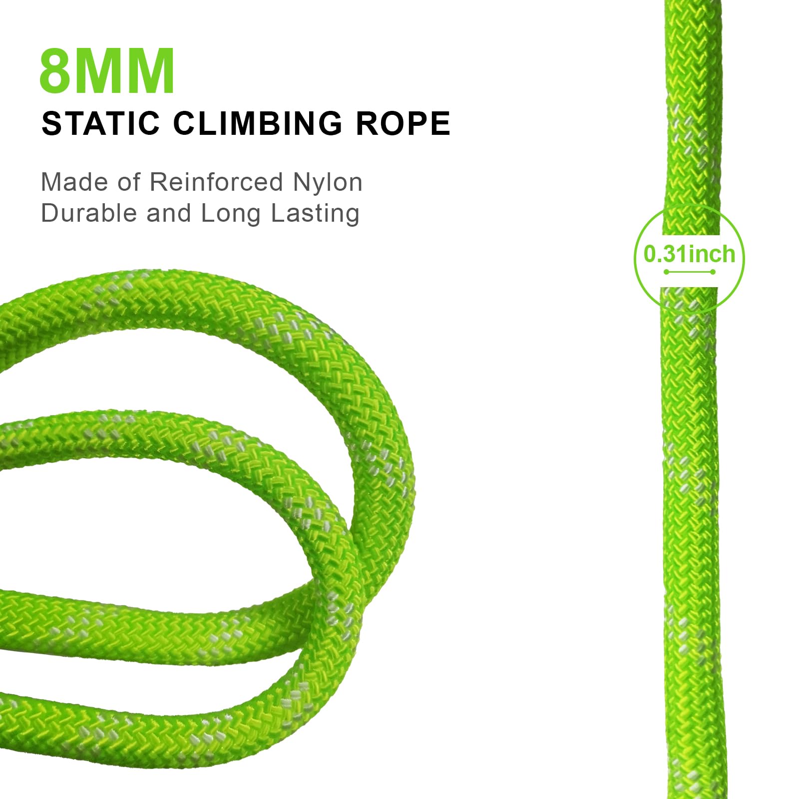 100m Statisches Kletterseil 8mm mit 2 Karabiner, UIAA | Hochfestes Nylon , Abriebfest, UV-beständig, Fluoreszenzgrün, Für Klettern, Rettungseinsätze und Outdoor-Aktivitäten