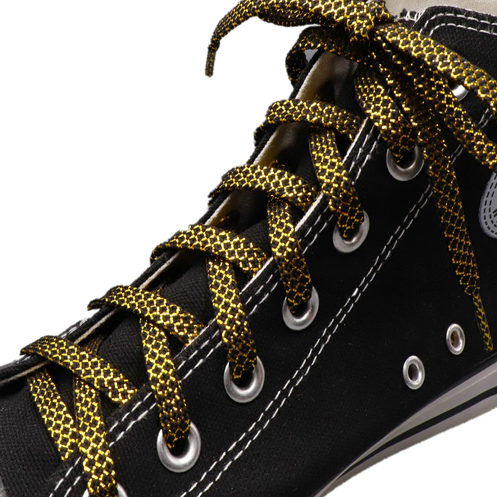 cordones para zapatos, Cordones elásticos, cordones for botas, 1 par de planos poliéster negro 8 mm ancho con decoración hilo metálico for zapatillas lona y zapatos casuales