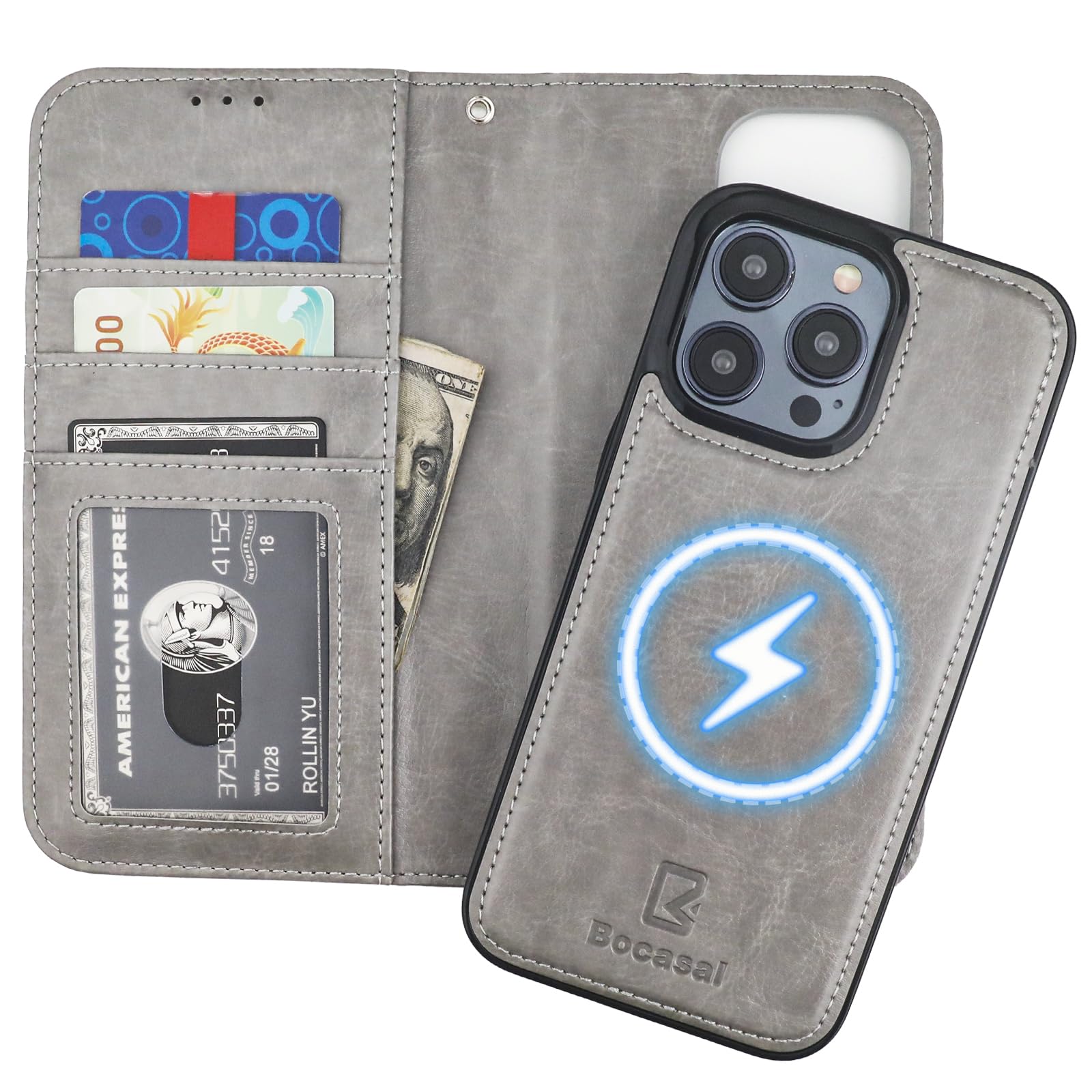 Bocasal for iPhone 15 Pro Max Wallet Case Compatible with MagSafe Wireless Charging, RFID Blocking Magnetic Leather Case with Card Slots Holder