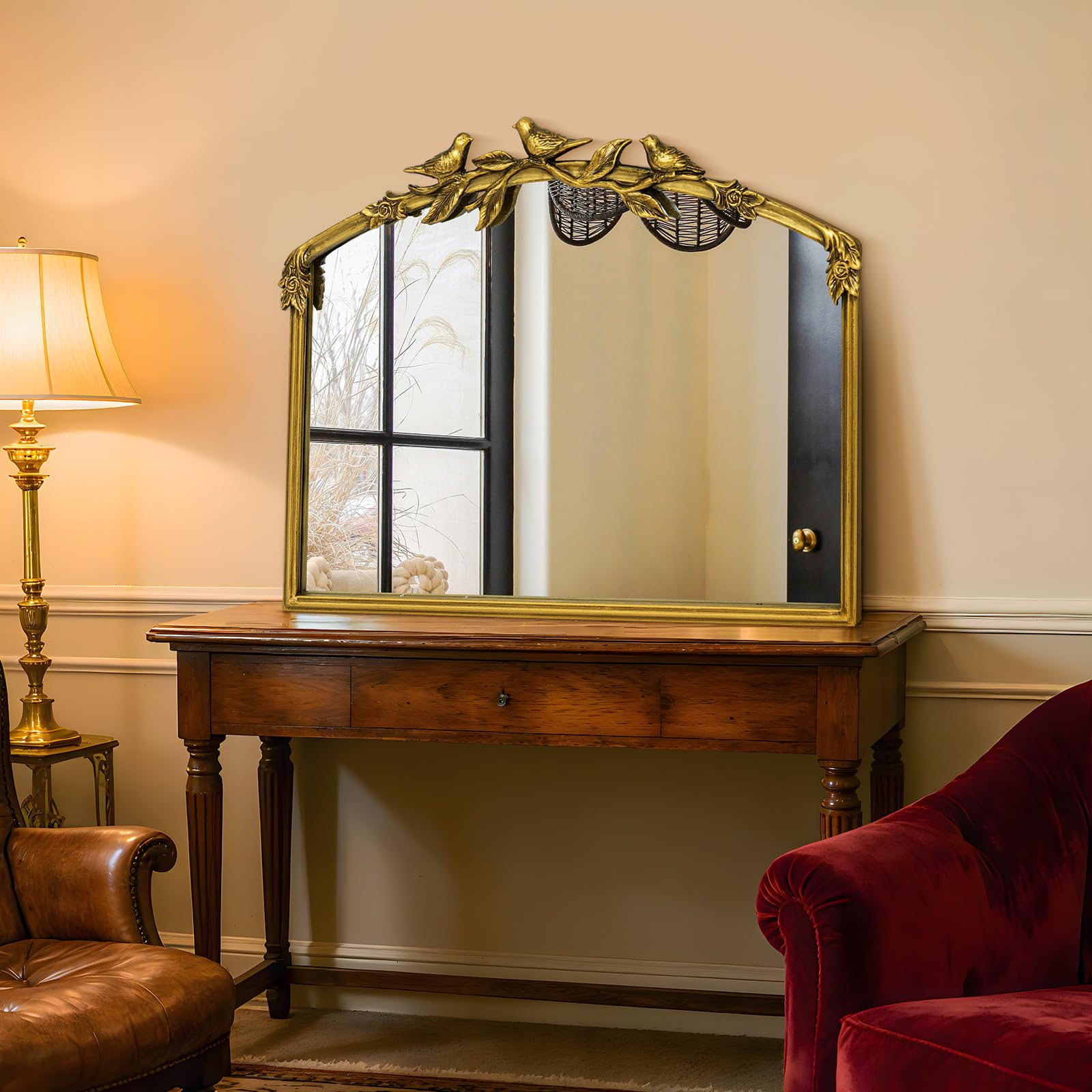 Miroir Baroque doré Antique 80 x 60(H) cm – Cadre Vintage en Fonte avec Fleurs en résine sculptées à la Main, Miroir Mural incassable pour Salle de Bain, Salon et Chambre à Coucher