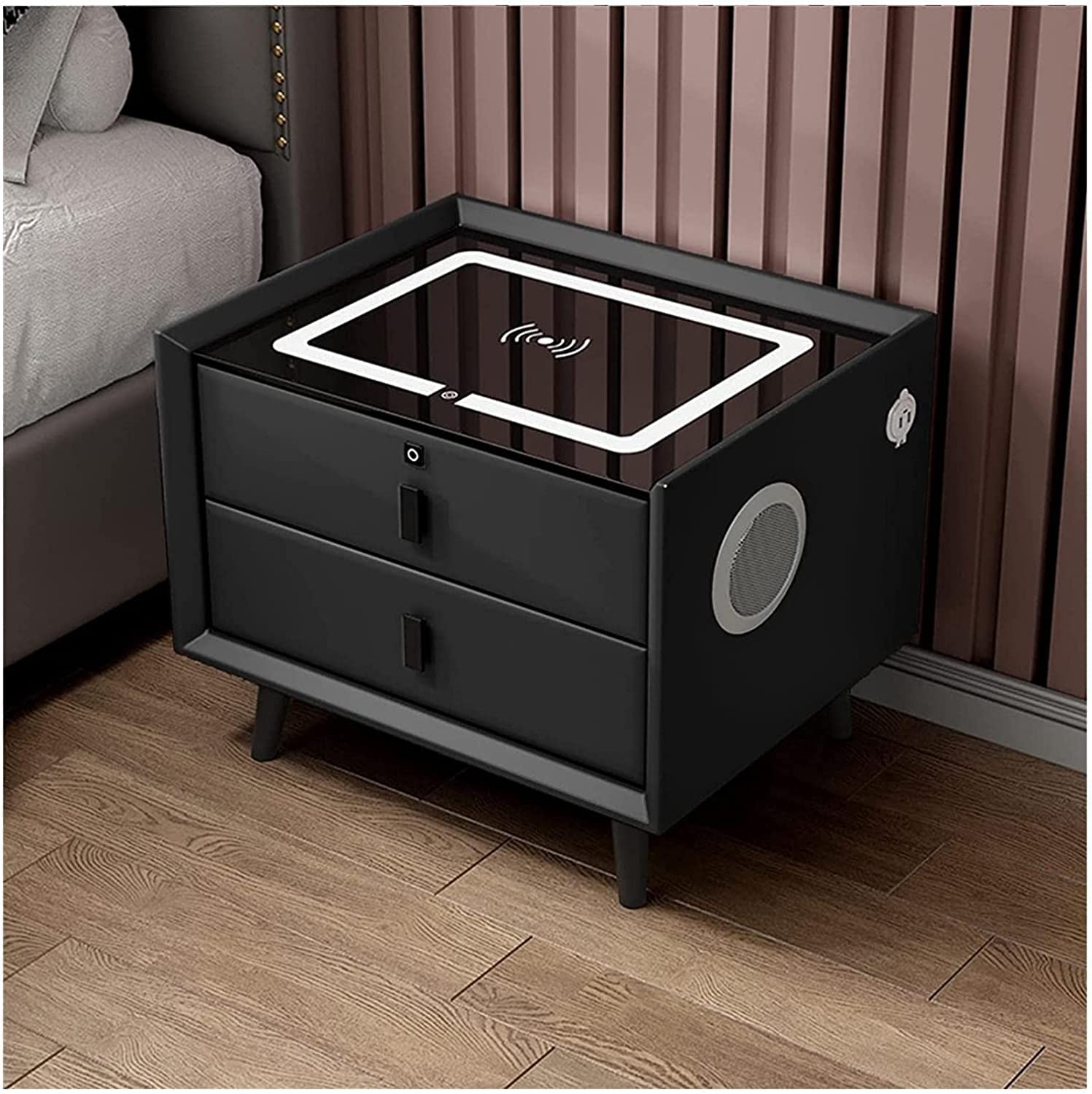 BHGFYXBS Smart Nightstand With Usb/Wireless Charging Port Bedside Table Smart Ledbedside Cabinet With A Bluetooth Speaker Bedside Dresser,Black-2 Drawers,Black-2 Drawers,Black-2 drawers