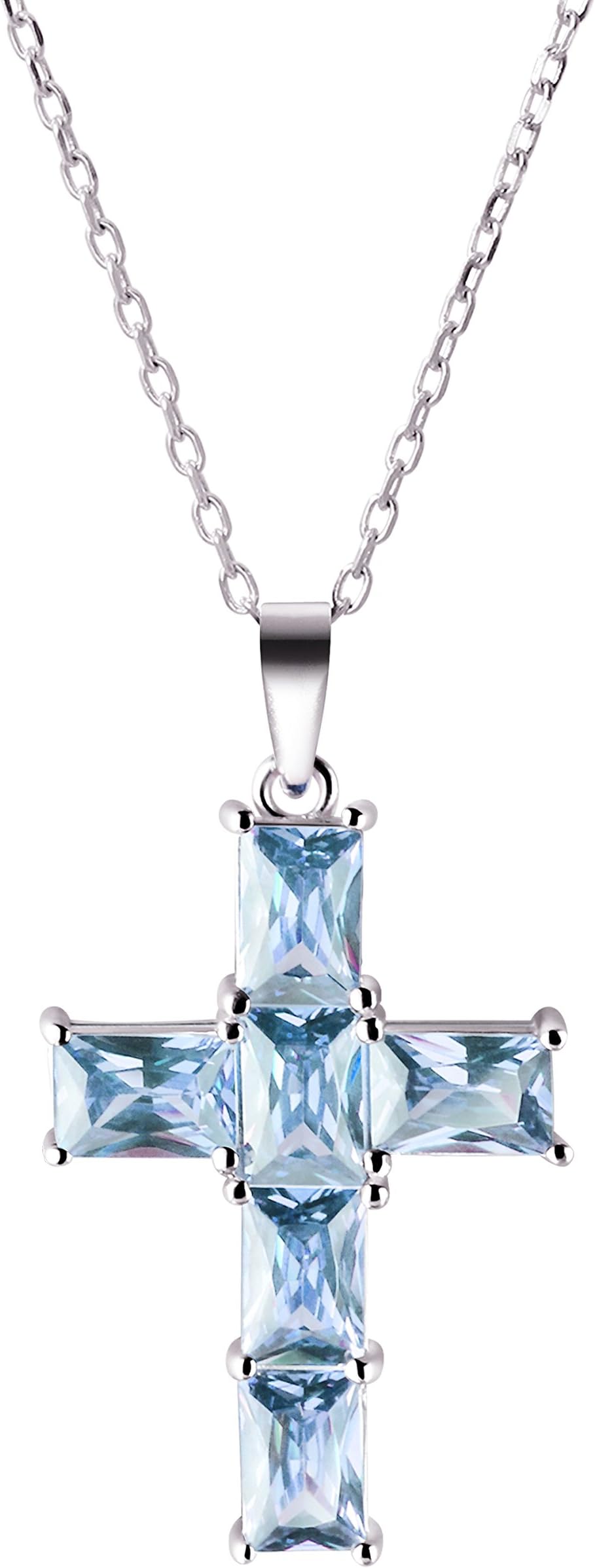 Pretty Blue Facetted Aquamarine Crystal Gemstones & 925 Sterling Silver Cross Pendant Necklace. Chain length: 50cm +5cm Extension
