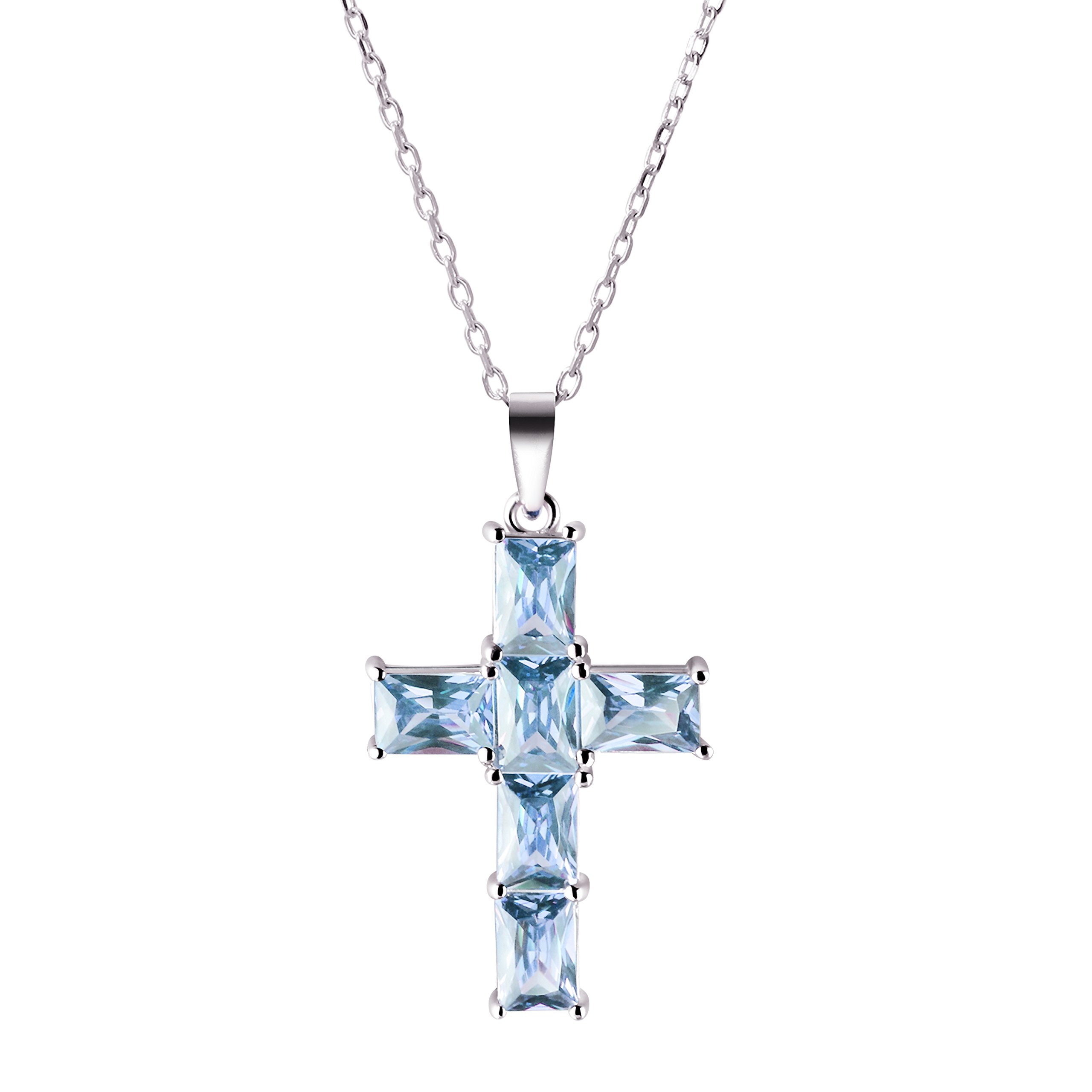 Pretty Blue Facetted Aquamarine Crystal Gemstones & 925 Sterling Silver Cross Pendant Necklace. Chain length: 50cm +5cm Extension