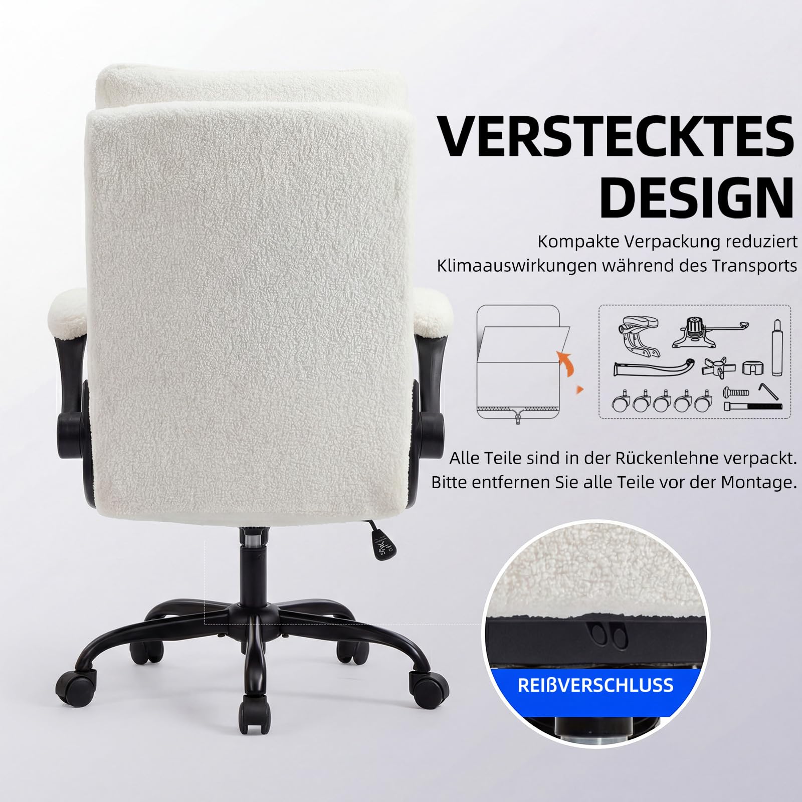 Bürostuhl Ergonomisch Schreibtischstuhl mit Hochklappbare Armlehne | Lordosenstütze, Bürostuhl 150kg, Hochklappbaren Armlehnen, Höhenverstellbarer, 90°-125° Wippfunktion, 360°, Teddy-Stoff