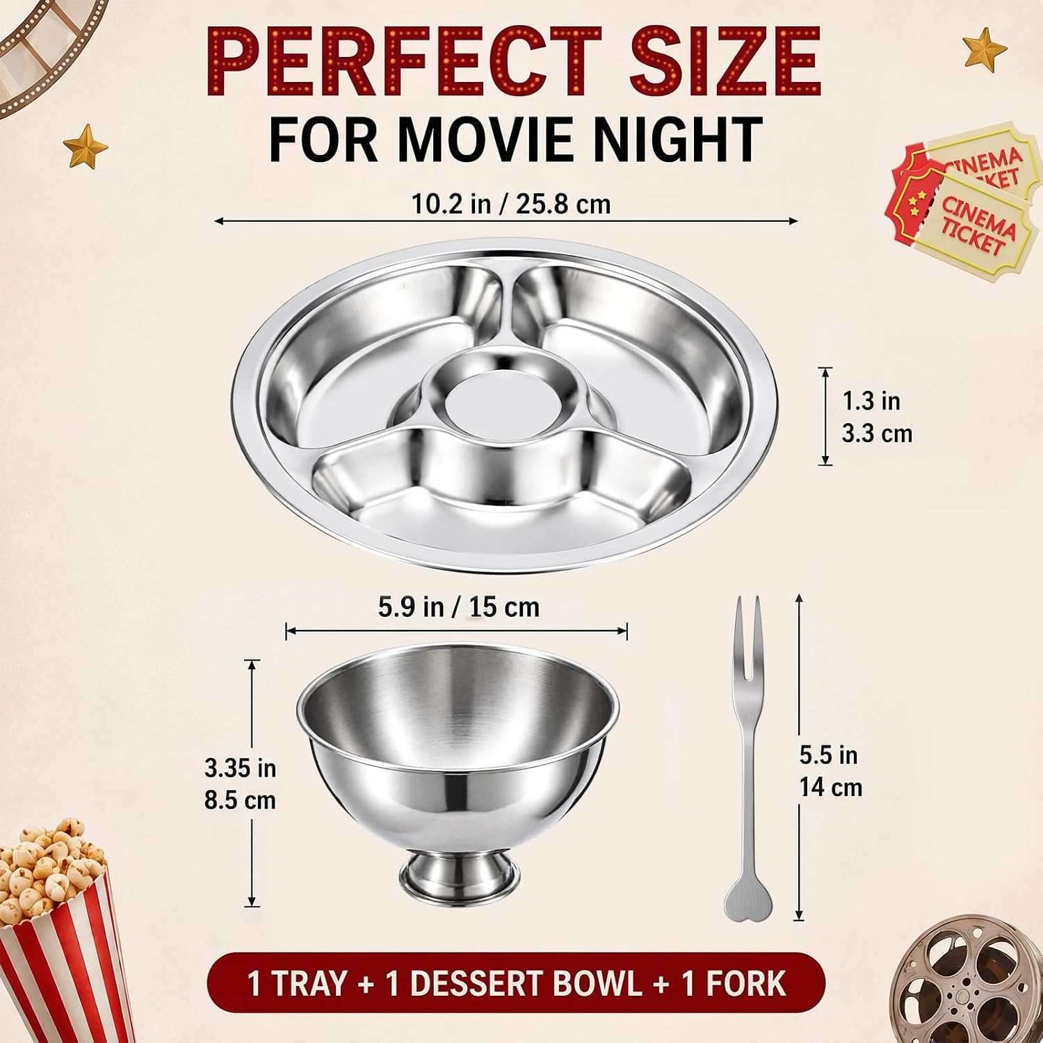 Meanplan 3 Pcs Movie Night 4" Stainless Steel Sundae Bowl Divided Tray Fork