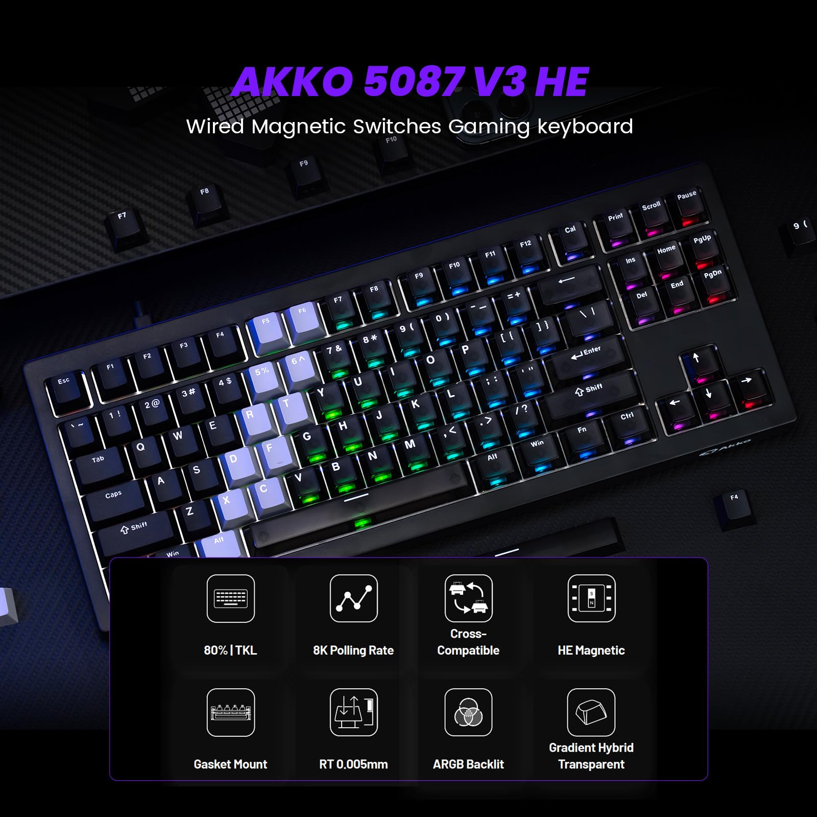 Akko 5087 V3 HE Tastiera Gaming TKL 80% Hall Effect Cavo | Tastiera RGB Switch AstroAim, Rapid Trigger RT0.005mm, Polling 8K Hz per PC/Mac (Nero Trasparente)