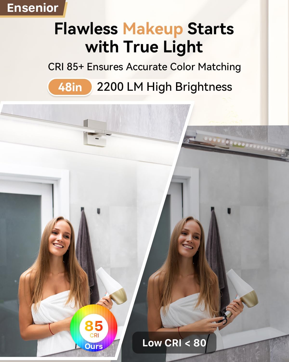 Ensenior Modern Brushed Nickel Bathroom Vanity Light 48 inch, Built-in Dimmer, 2100LM Dimmable 5CCT Led Bath Lights, Bar Vanity Light for Bathroom Mirror Cabinets Bedroom-FCC & ETL Certificated