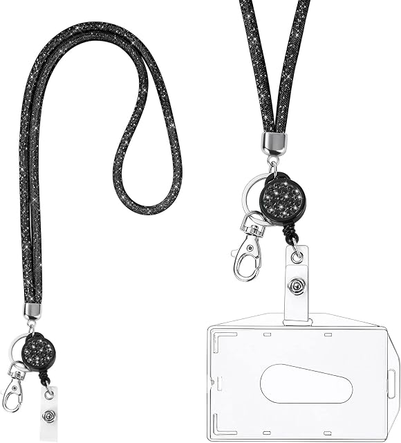 Vicloon Card Holder with Lanyard, Crystal Lanyard with Transparent ID Card Holder, Lanyard and Badge Holder Set, Keyring Badge Holders and Neck Strap for Keys ID Badge Black