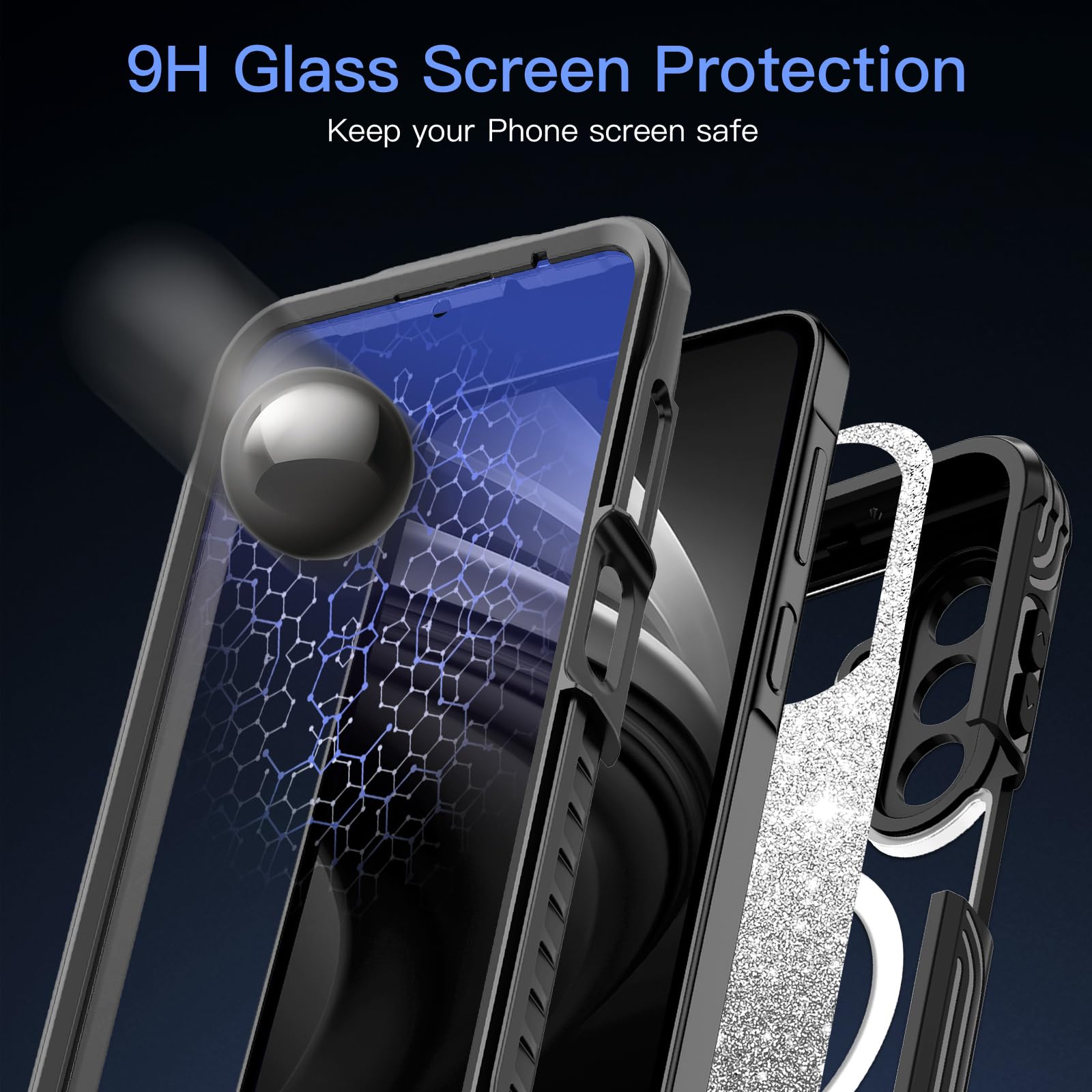 Funda para Galaxy A17 5G, compatible con MagSafe, funda magnética con purpurina integrada con protector de pantalla de vidrio templado 9H, funda protectora a prueba de golpes para Samsung