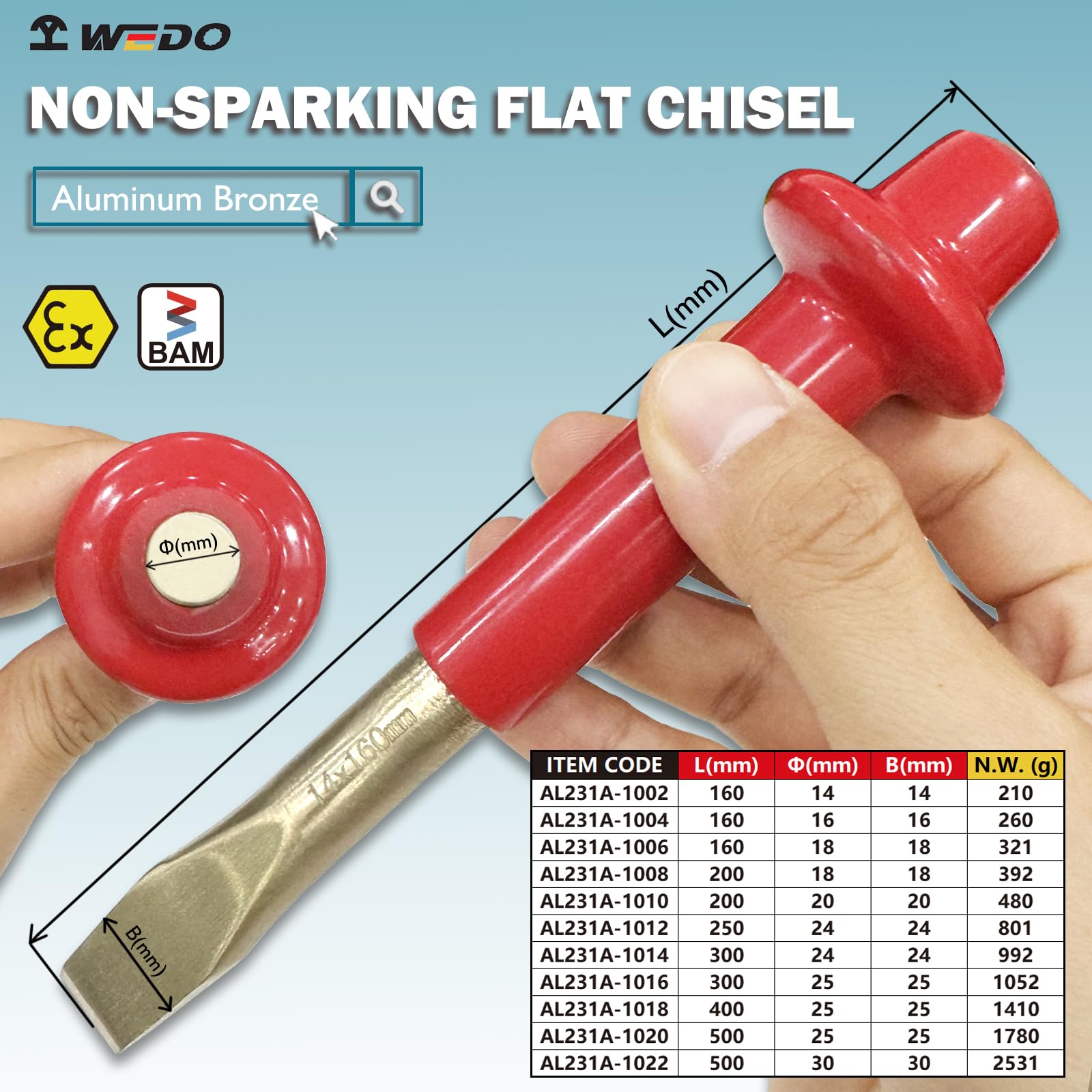 WEDO Cincel plano sin chispas, cincel de cemento, cincel de ladrillo, cincel de mampostería, cincel de hormigón con protector de mano de grosor, bronce de aluminio, longitud 400 mm, adecuado para la