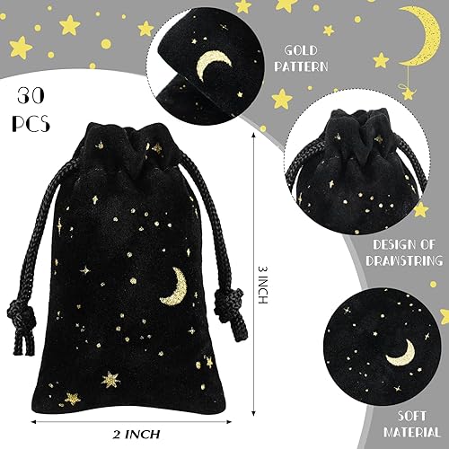 Miniatura 2 de Hillban 30 bolsas de terciopelo negro de 2 x 3 pulgadas para joyas, bolsa de luna y estrella con cordones, bolsas de joyería para embalaje de