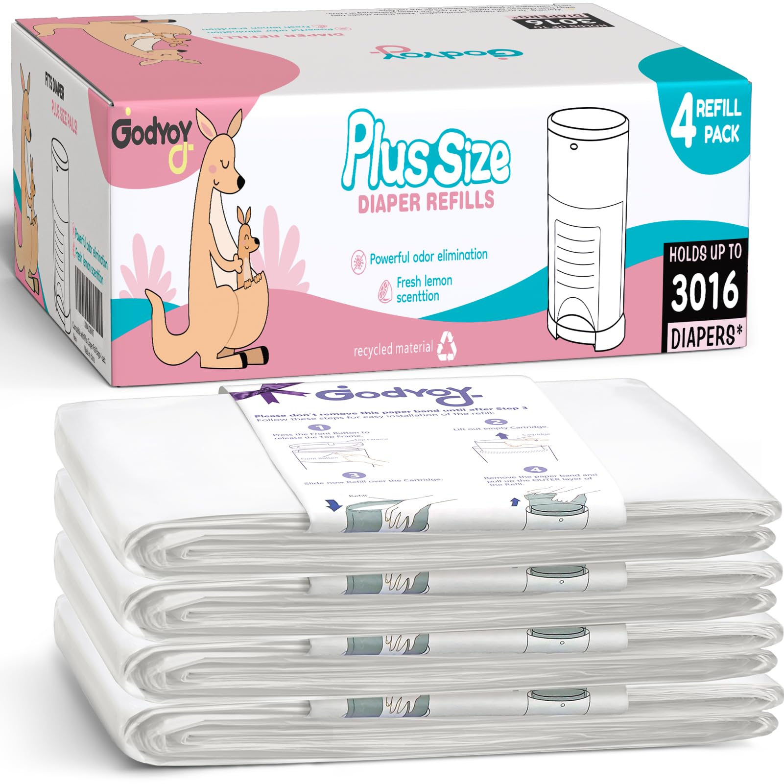 Refills Compatible with DEKOR Plus Diaper Pail Refill Bags| 4 Pack| Super Powerful Odor Eliminator Extra Thick Diaper Pail Bags| Each Holds up to 3016