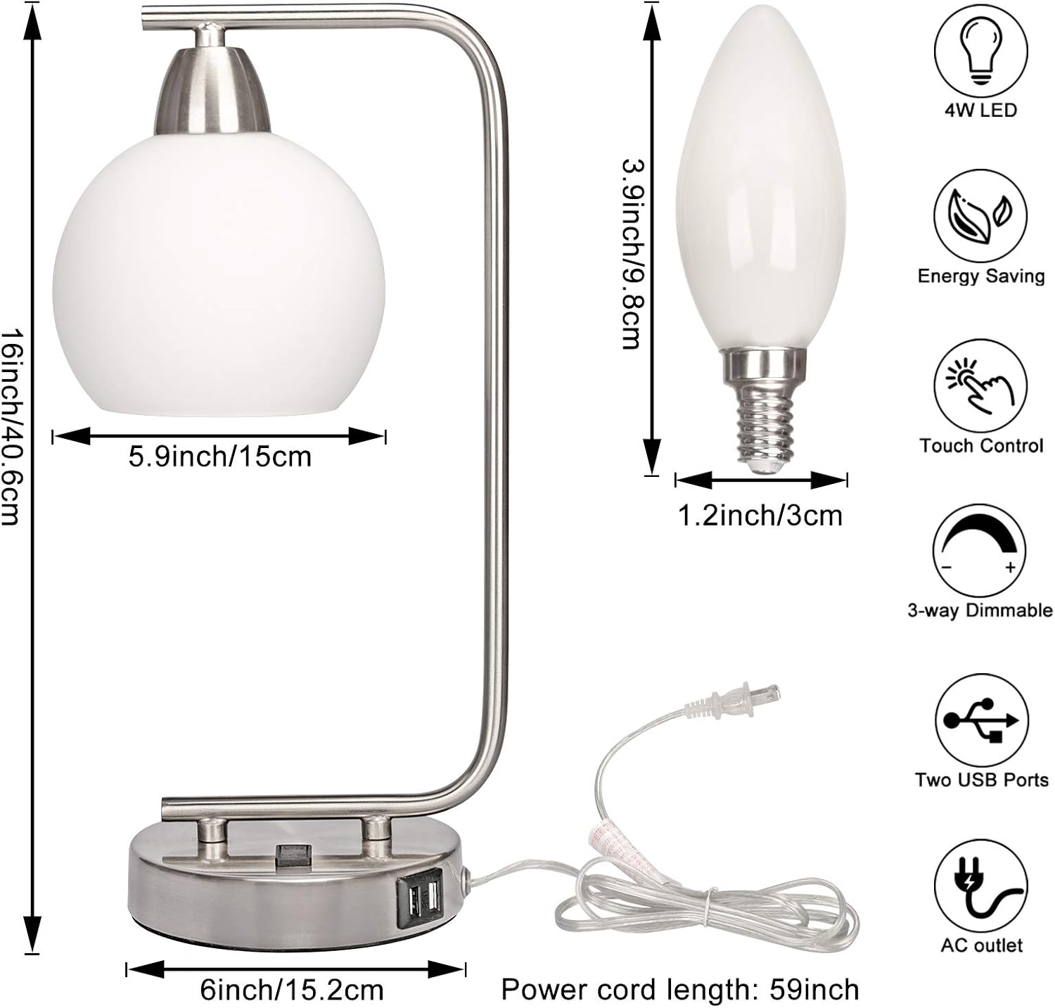 Touch Control Table Lamp with AC Outlet and 2 USB Charging Ports, Dimmable Bedside Touch Lamp, Modern Silver Table Lamp with Opal Glass Shade, Ideal for Office Bedroom Guest Room, Led Bulb Included