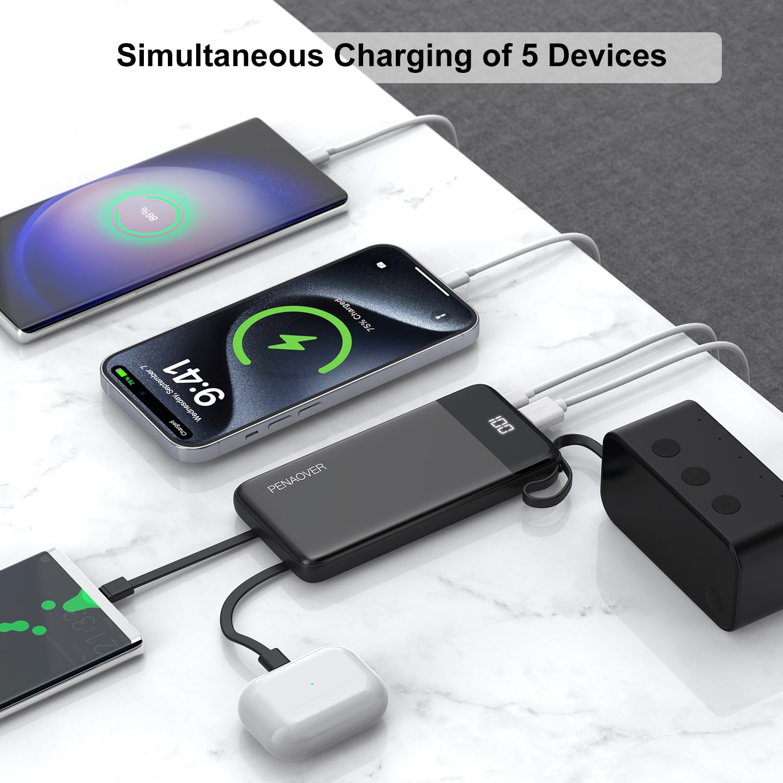 penaover Caricabatterie portatile 10000 mAh Power Bank con cavo integrato, 5 uscite, 2 ingressi, batteria esterna essenziale da viaggio con display a LED, compatibile con iPhone 16/15 Samsung S22