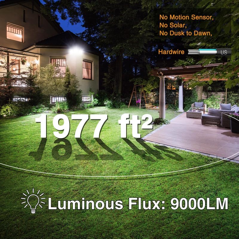 Onforu LED Security Light illuminating a large backyard at night, showing 1977 sq ft coverage and 9000LM luminous flux